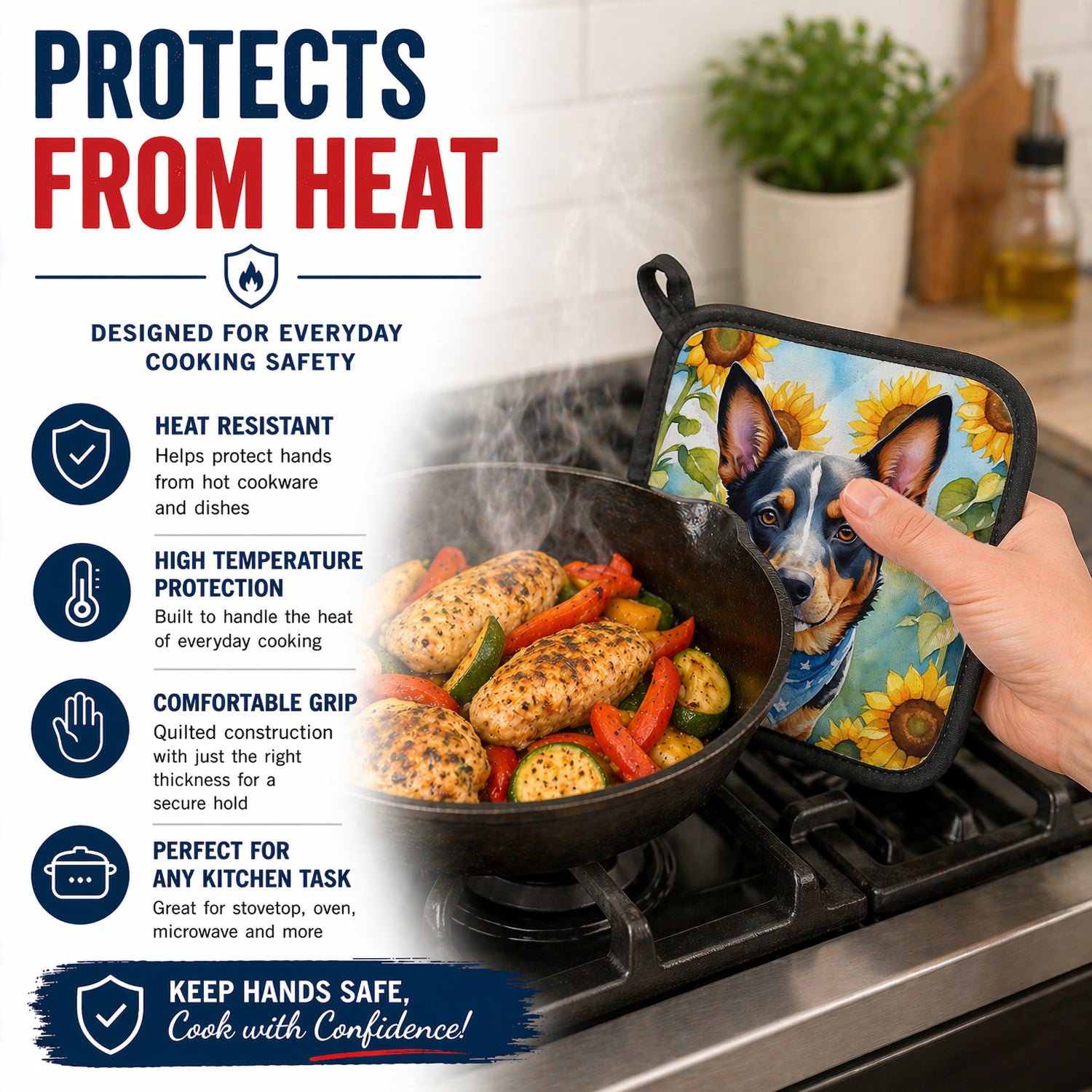 Caroline's Treasures Australian Cattle Dog in Sunflowers Pot Holder Set of 2 Heat Resistant Quilted Hot Pads 7.5 x 7.5 Inch, Insulated Kitchen Trivets for Cooking & Baking