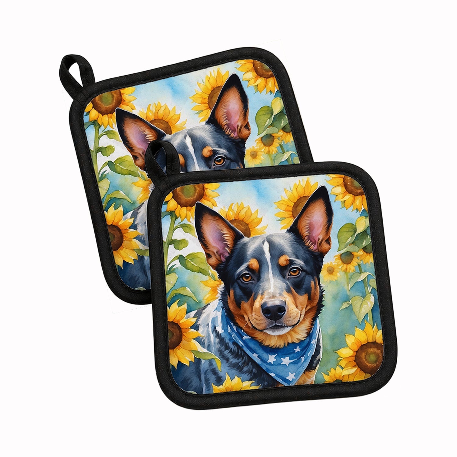 Caroline's Treasures Australian Cattle Dog in Sunflowers Pot Holder Set of 2 Heat Resistant Quilted Hot Pads 7.5 x 7.5 Inch, Insulated Kitchen Trivets for Cooking & Baking