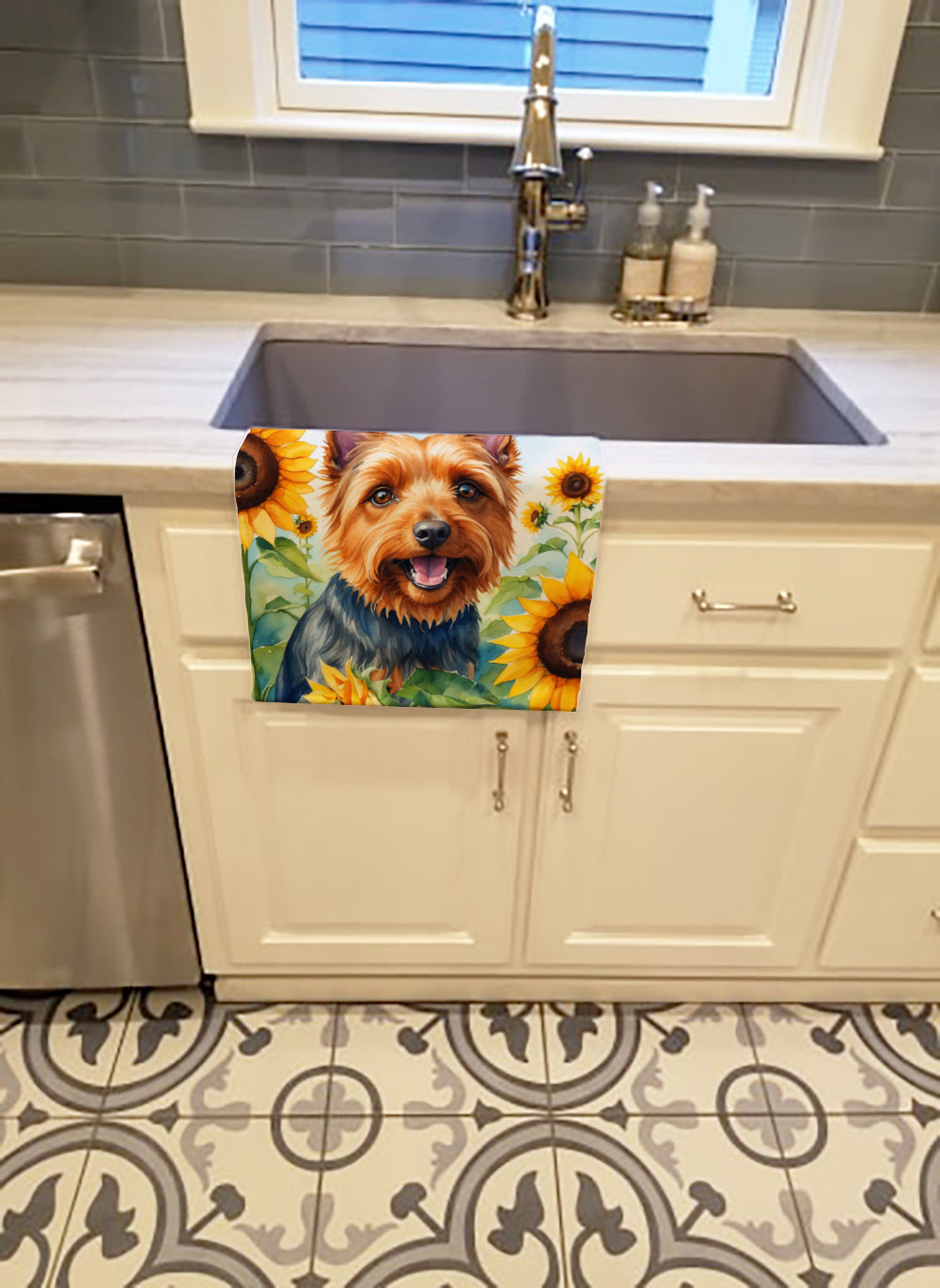 Caroline's Treasures Australian Terrier in Sunflowers Kitchen Towel