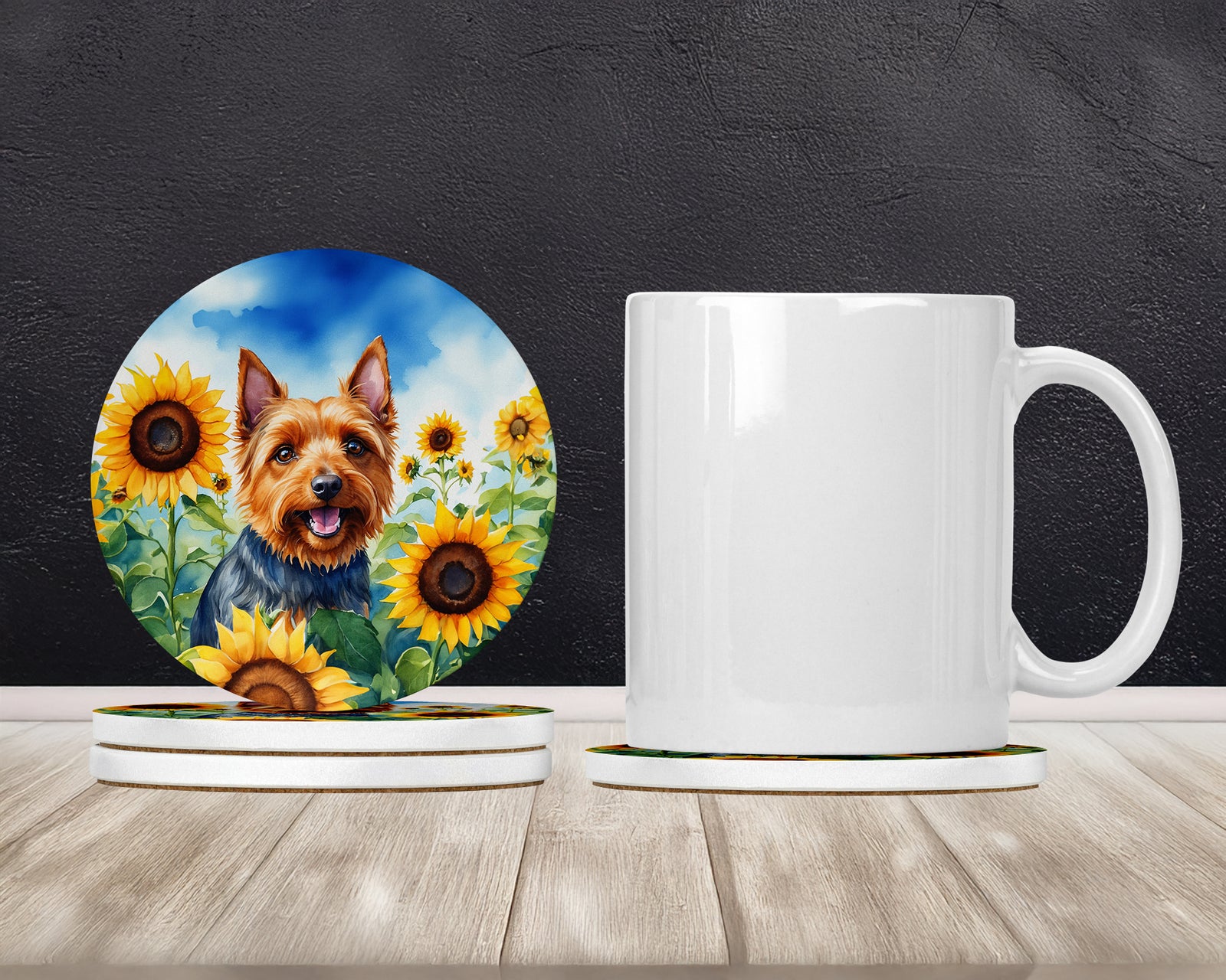 Caroline's Treasures Australian Terrier in Sunflowers Large Sandstone Coasters Pack of 4