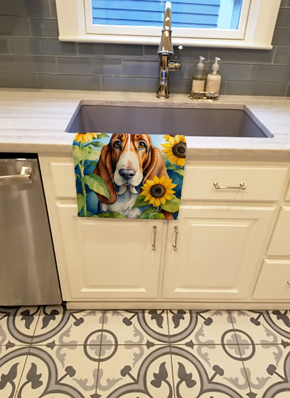 Buy this Basset Hound in Sunflowers Kitchen Towel