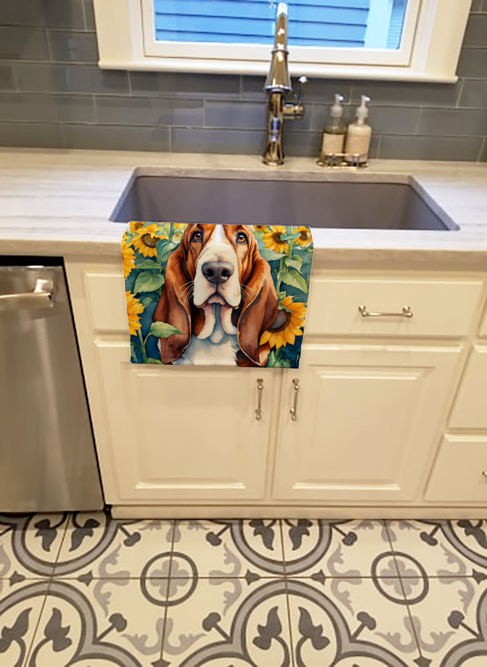 Basset Hound in Sunflowers Kitchen Towel
