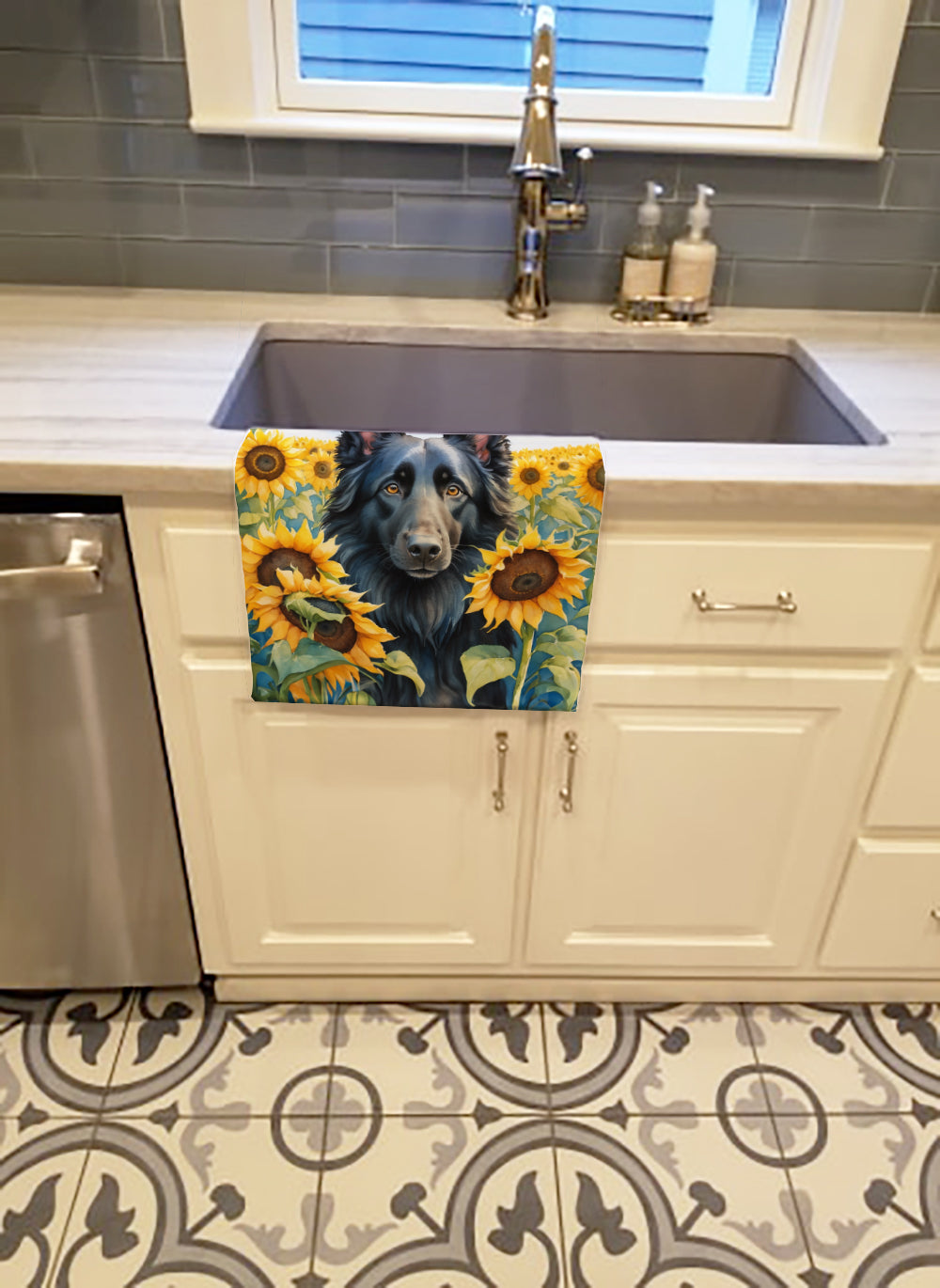 Belgian Sheepdog in Sunflowers Kitchen Towel