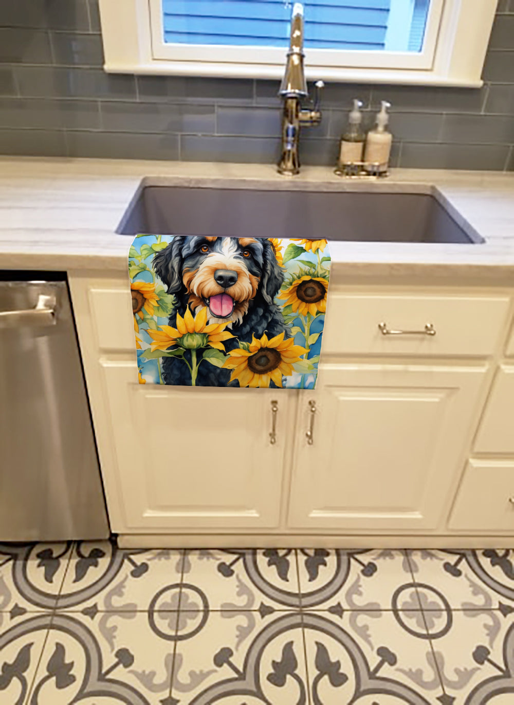 Buy this Bernedoodle in Sunflowers Kitchen Towel