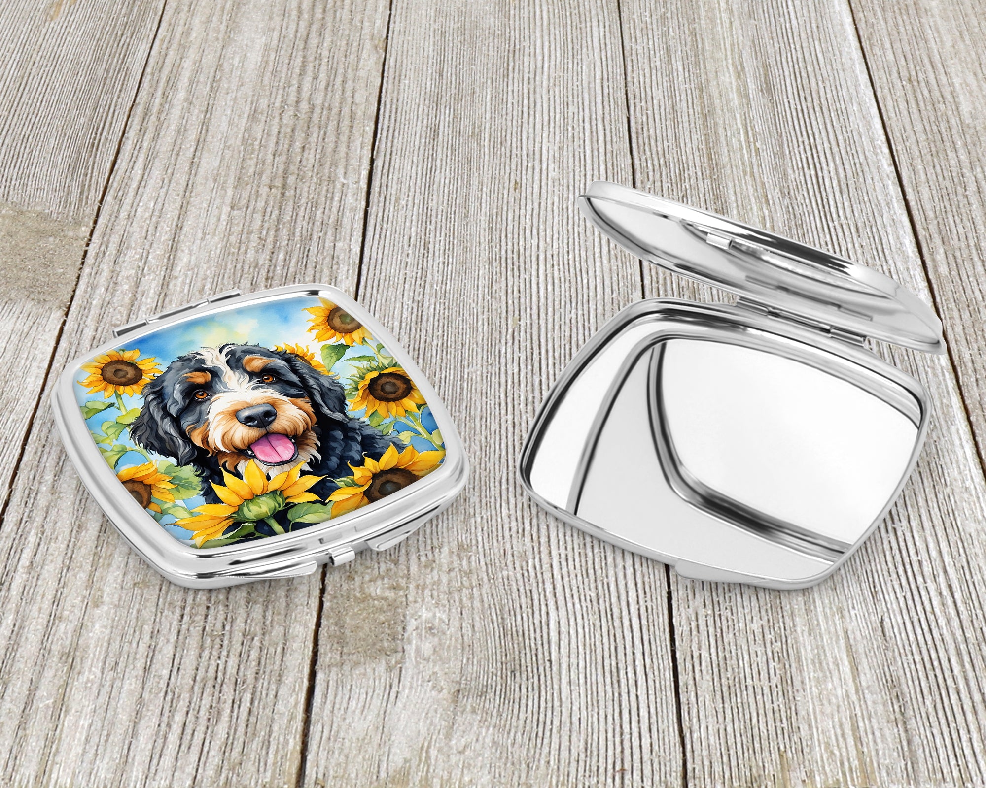 Bernedoodle in Sunflowers Compact Mirror