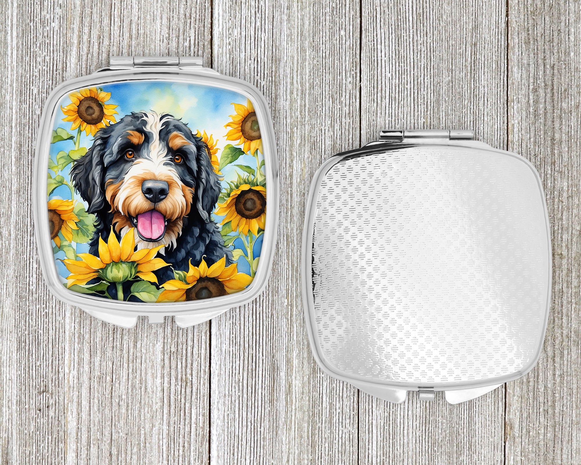 Bernedoodle in Sunflowers Compact Mirror