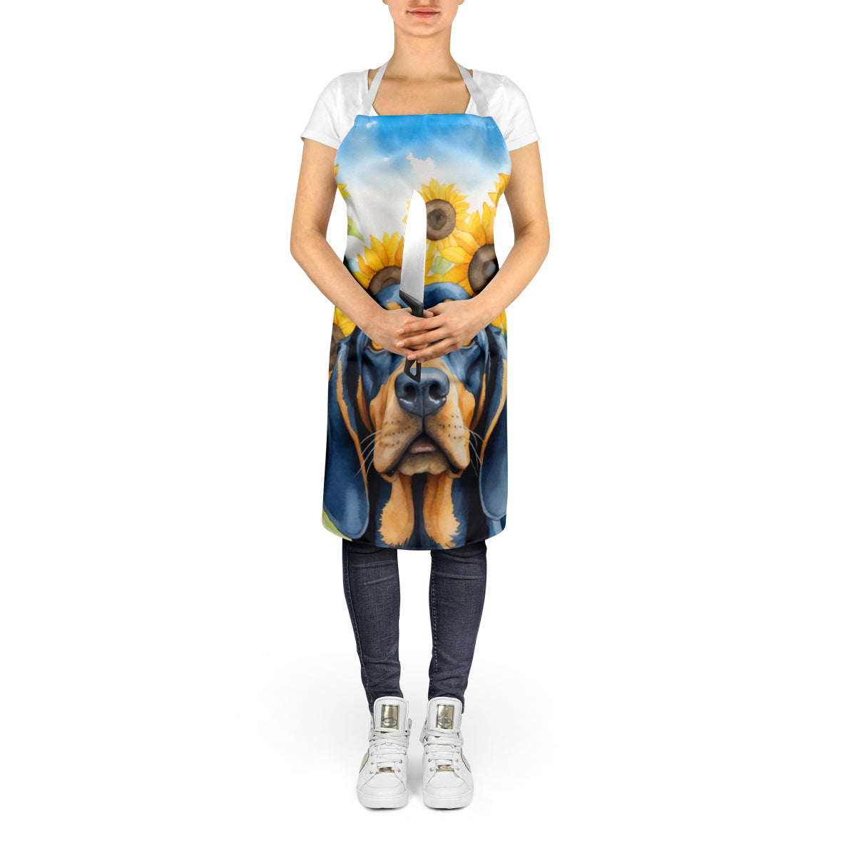 Black and Tan Coonhound in Sunflowers Apron