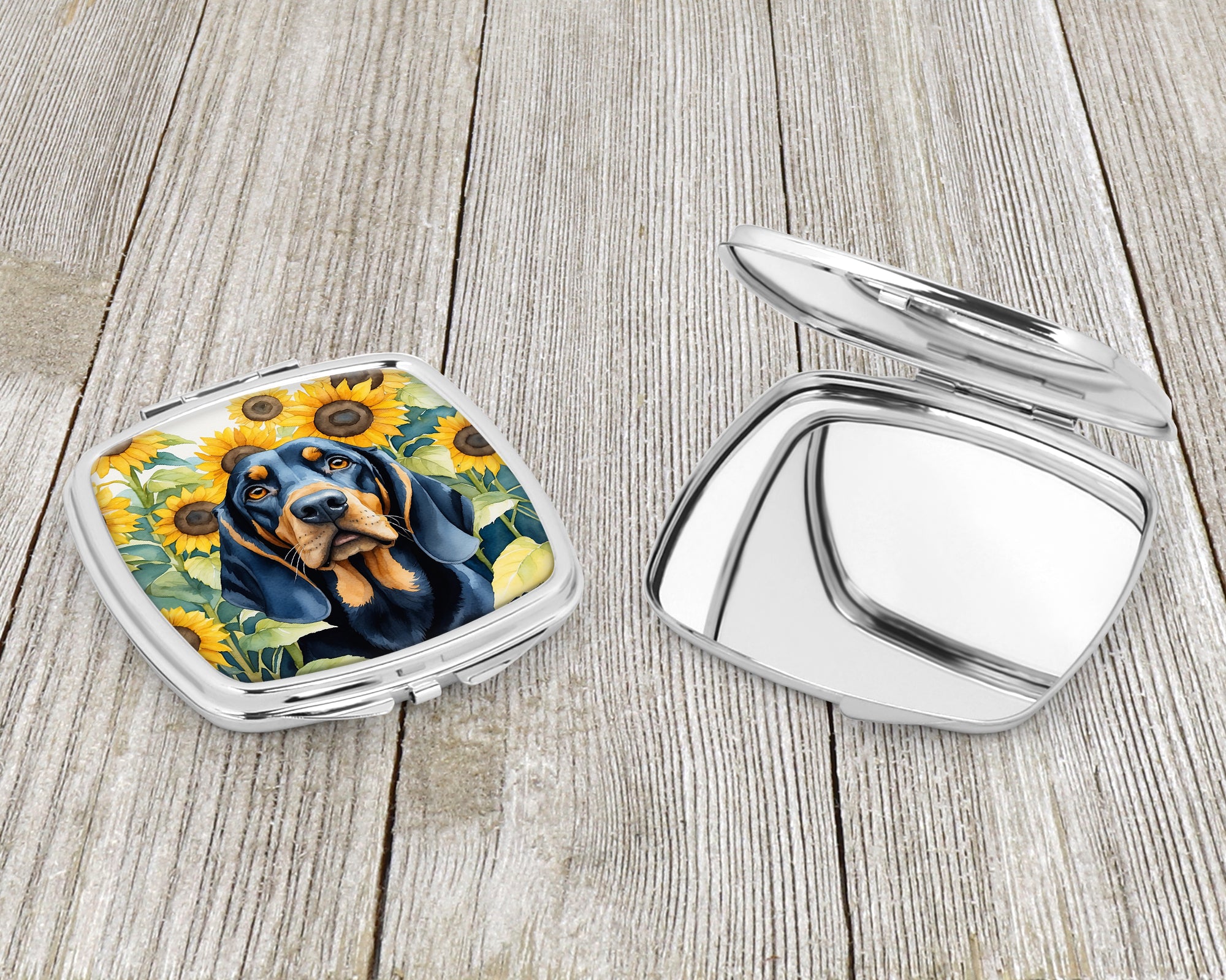 Black and Tan Coonhound in Sunflowers Compact Mirror