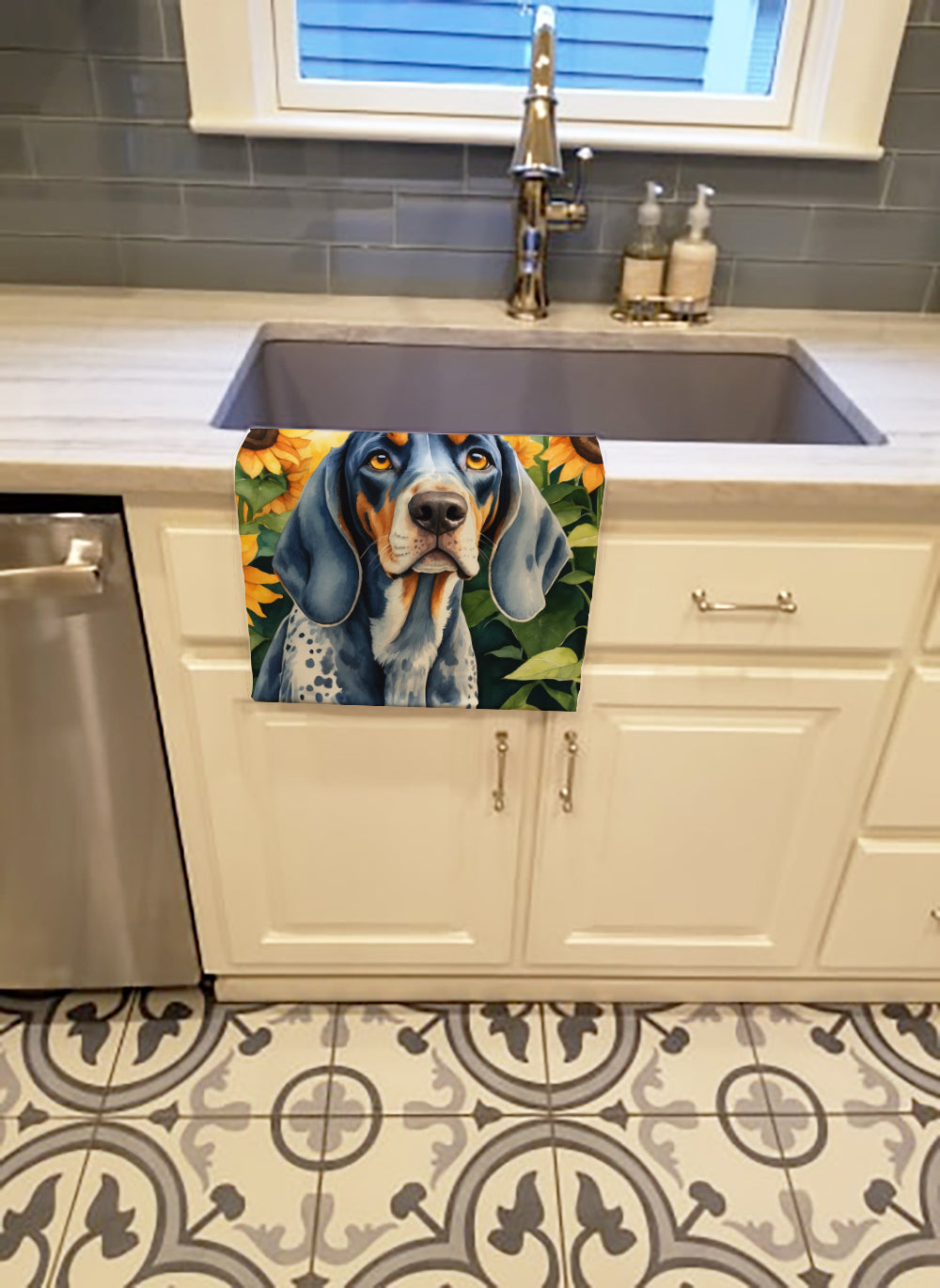 Buy this Bluetick Coonhound in Sunflowers Kitchen Towel