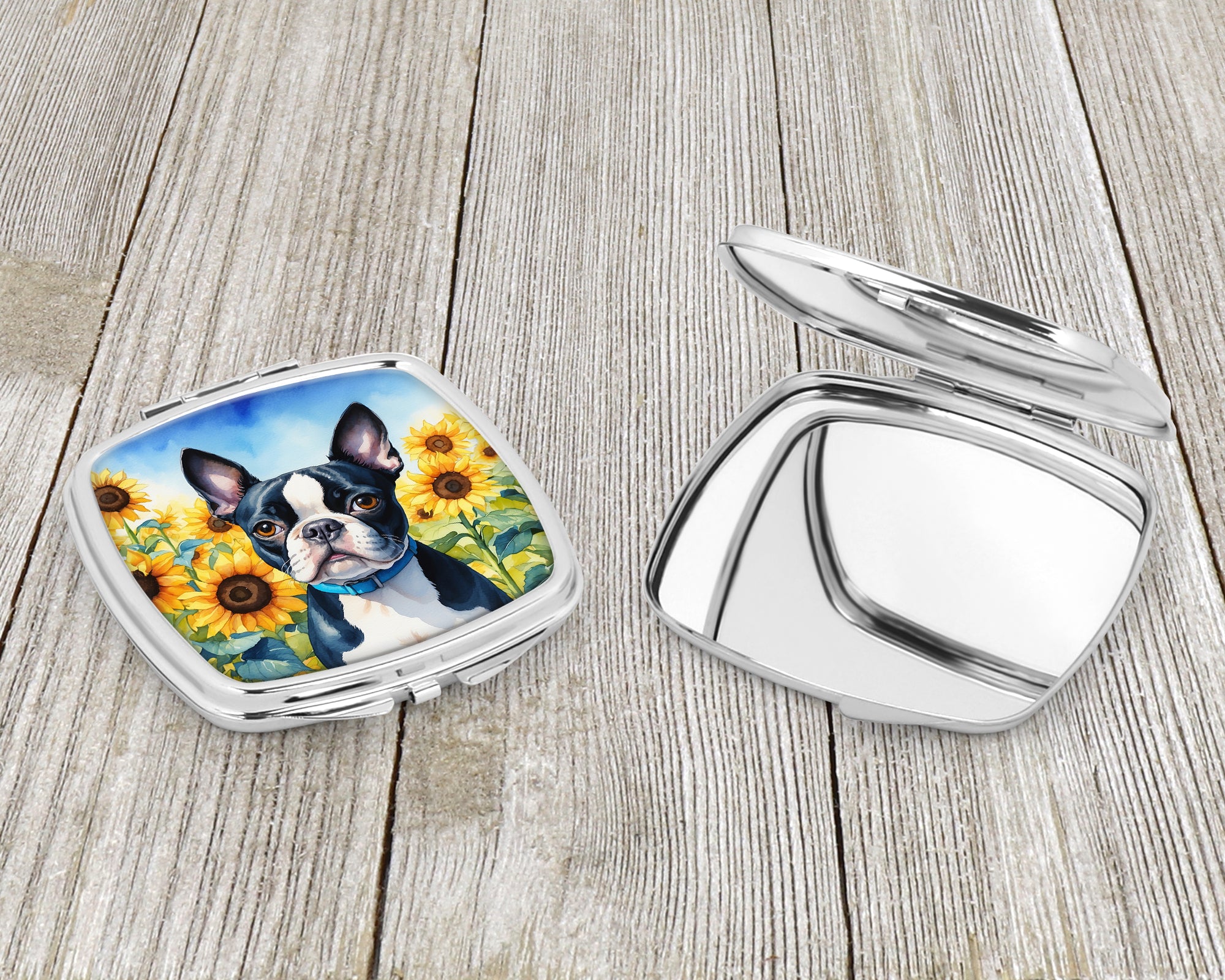 Boston Terrier in Sunflowers Compact Mirror