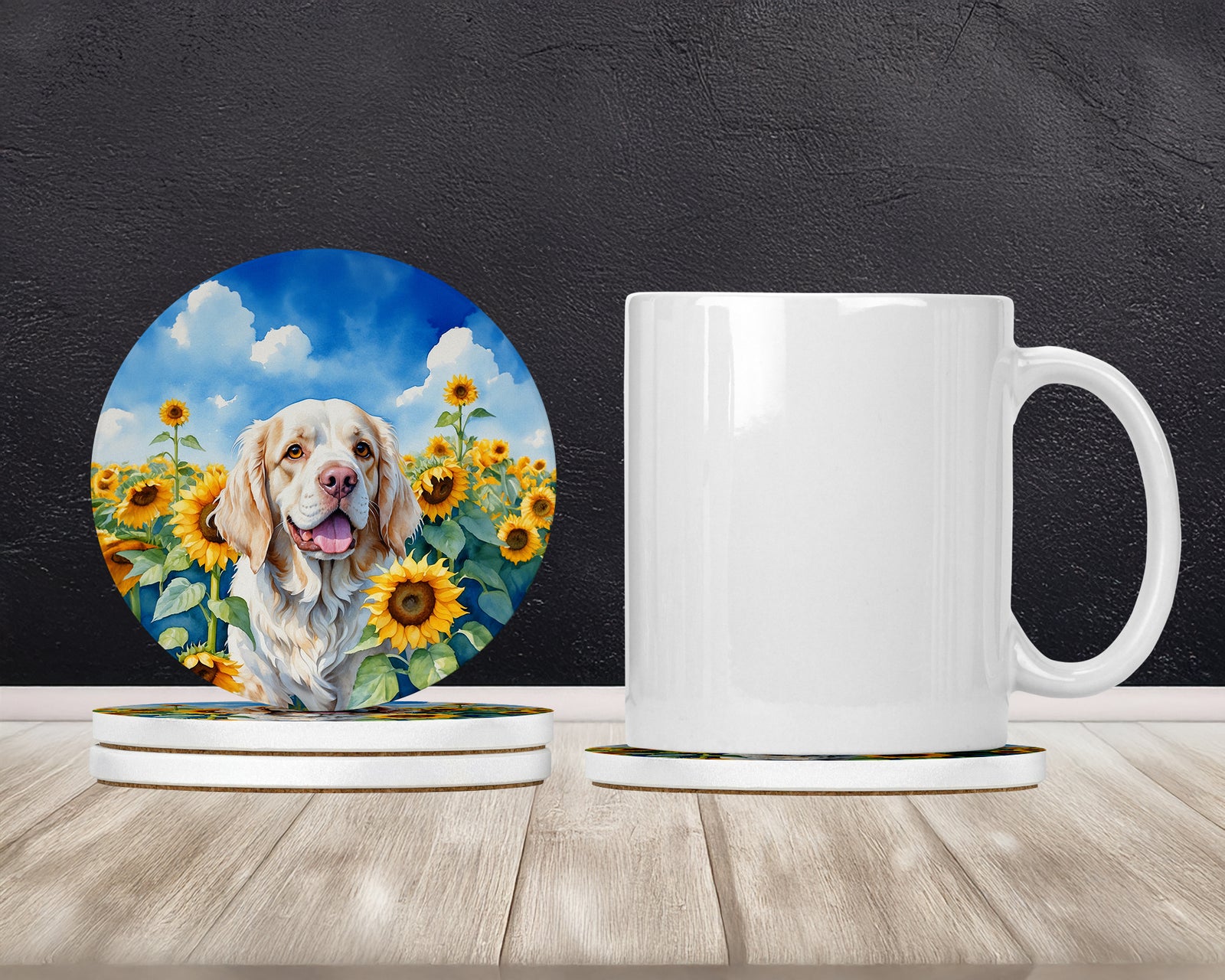 Caroline's Treasures Clumber Spaniel in Sunflowers Large Sandstone Coasters Pack of 4