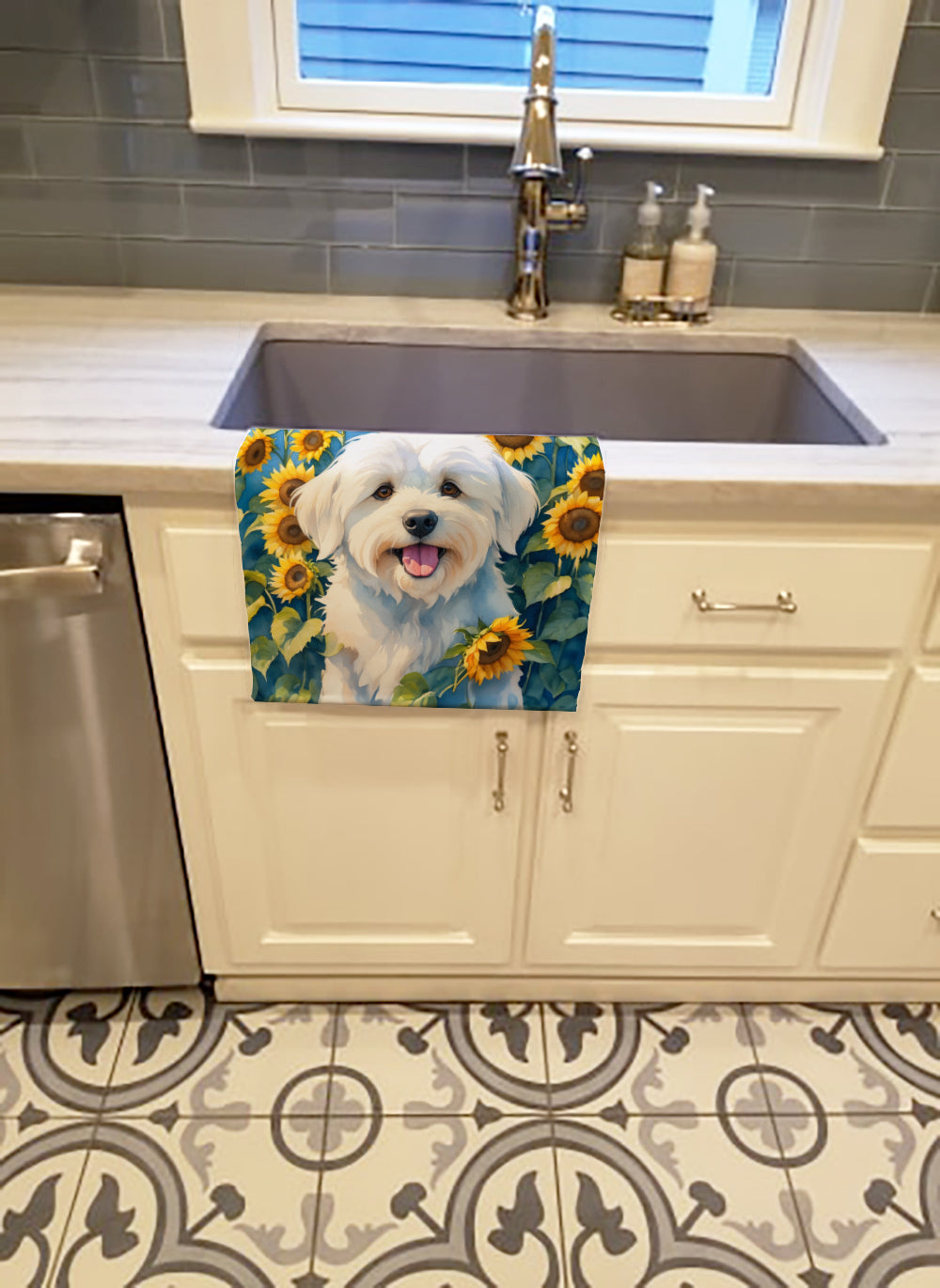 Buy this Coton de Tulear in Sunflowers Kitchen Towel