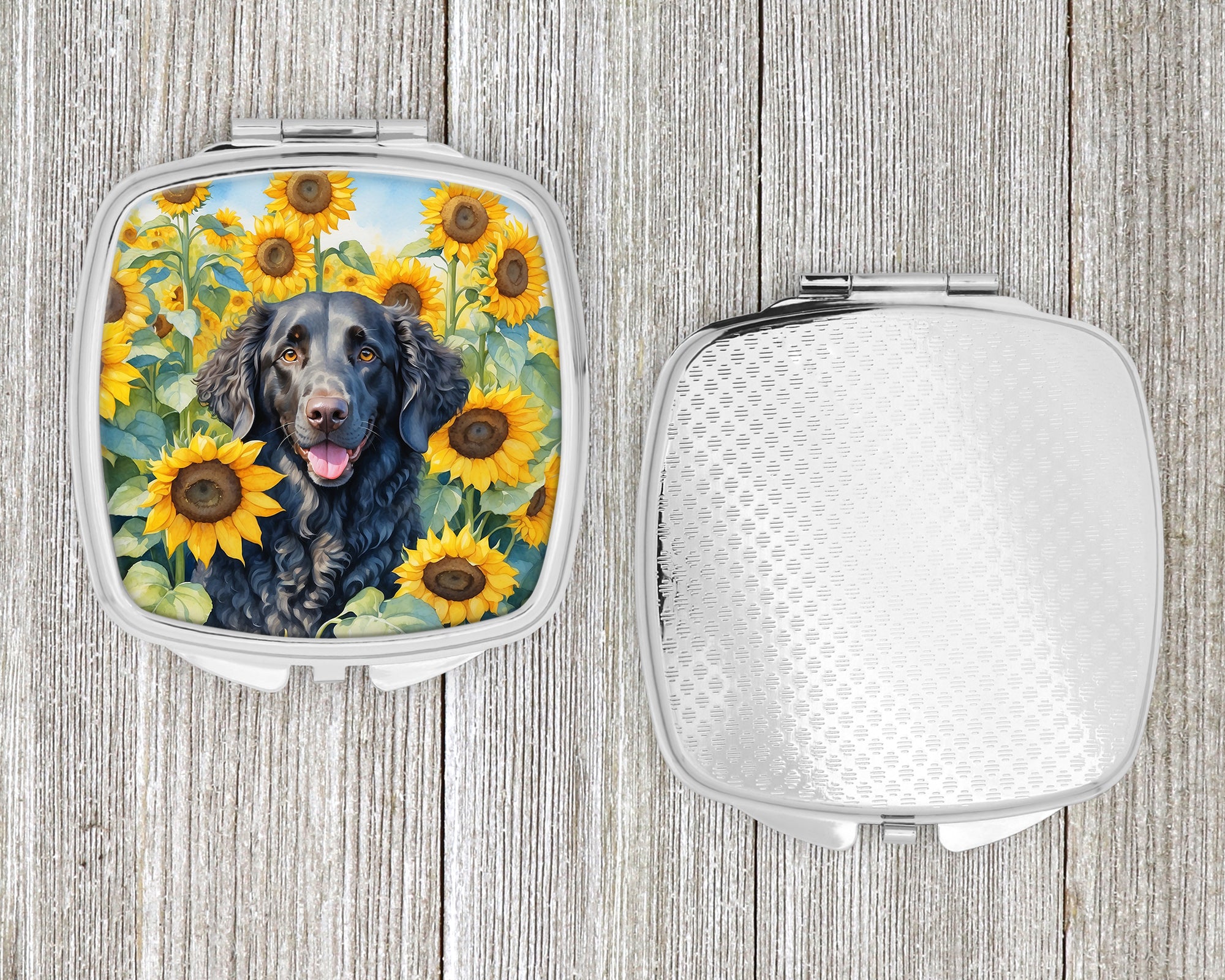 Curly-Coated Retriever in Sunflowers Compact Mirror