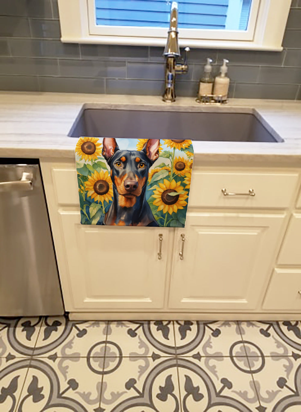 Doberman Pinscher in Sunflowers Kitchen Towel