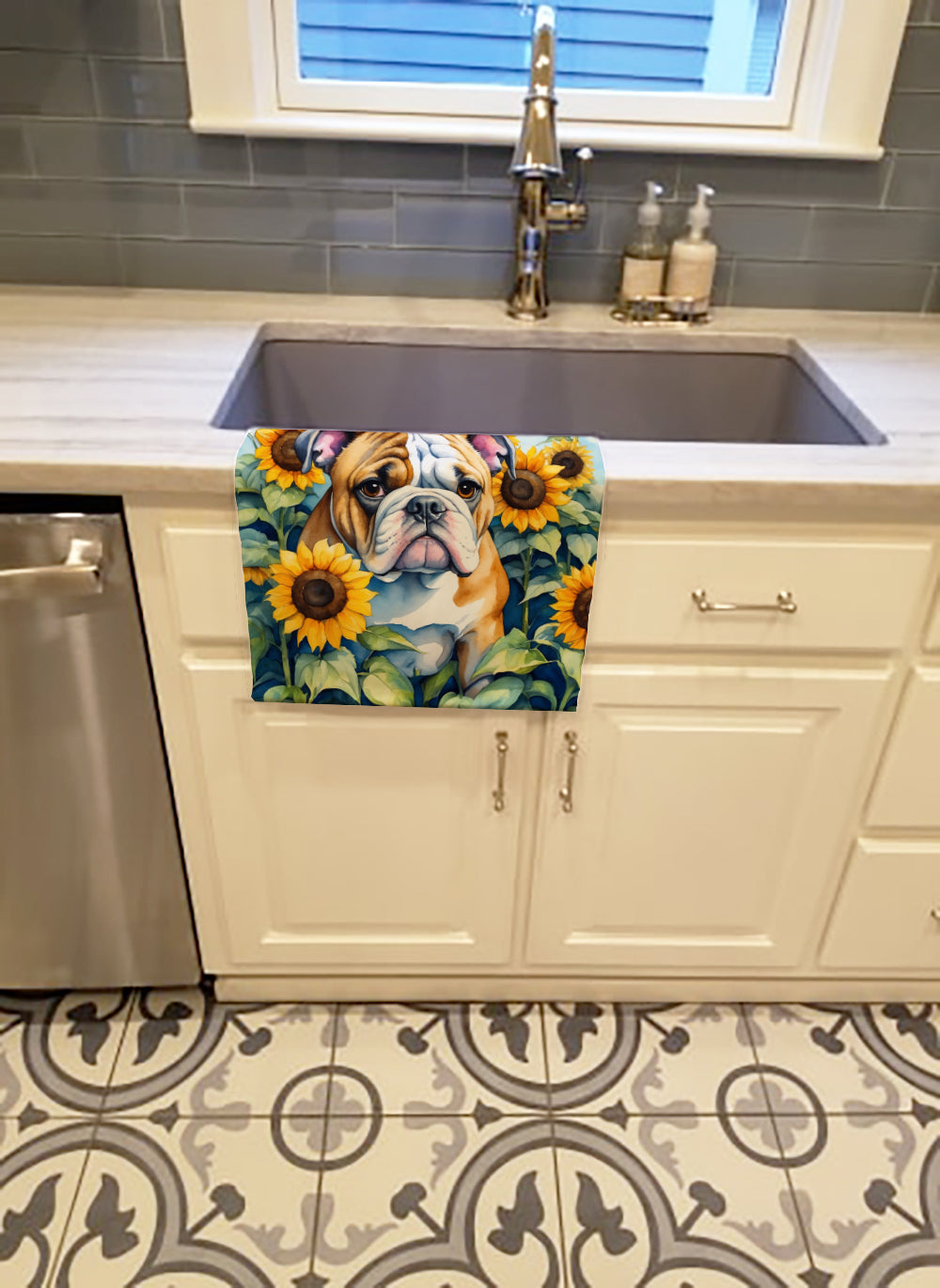 English Bulldog in Sunflowers Kitchen Towel