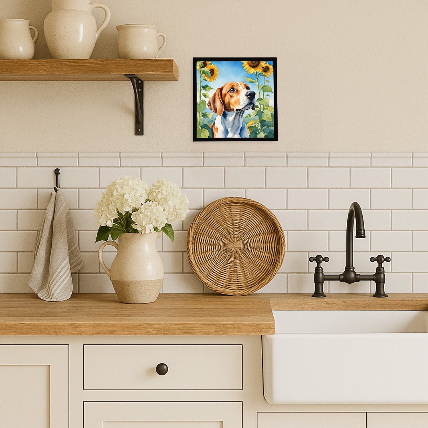 Caroline's Treasures English Foxhound in Sunflowers Framed Metal Print