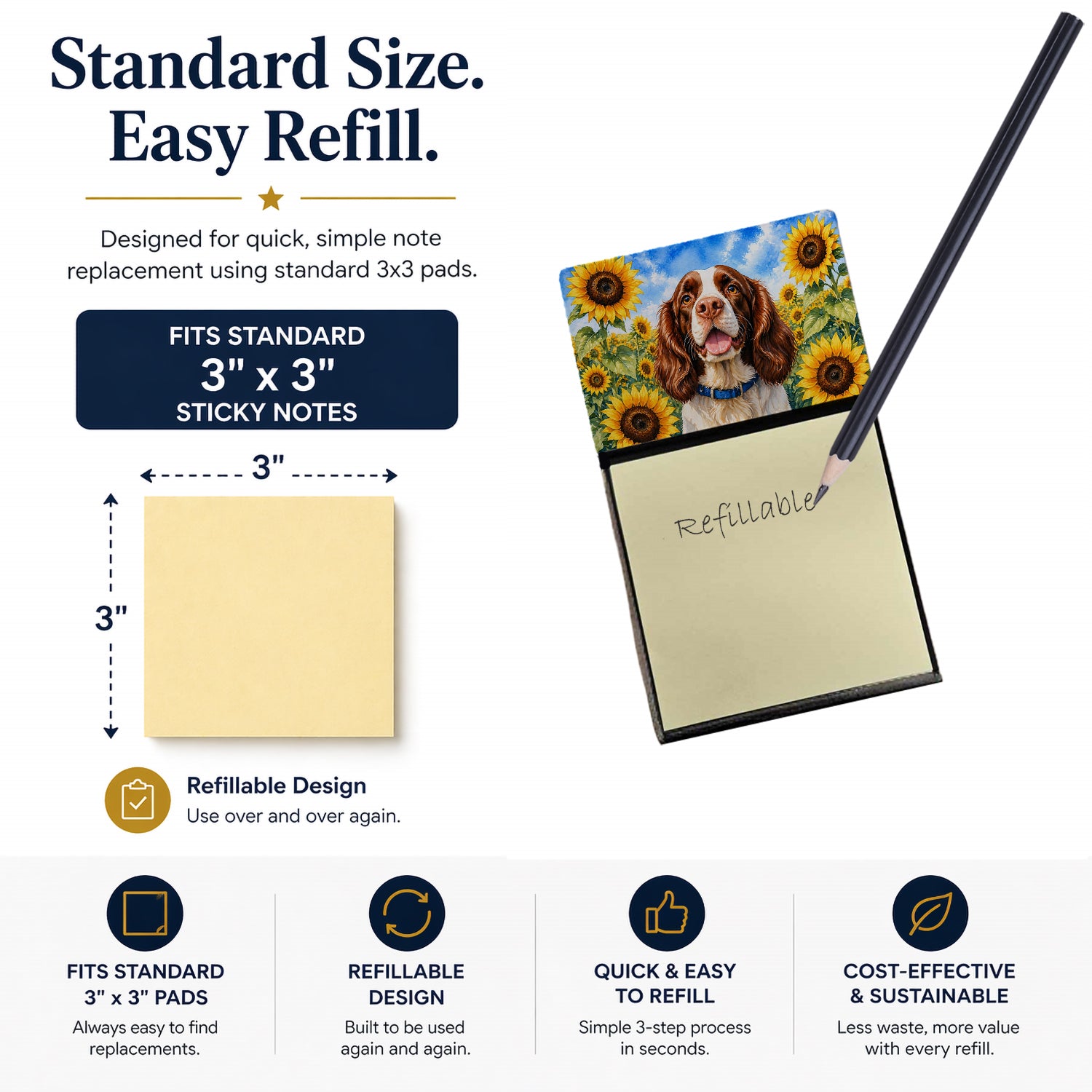 Caroline's Treasures English Springer Spaniel in Sunflowers Watercolor Sticky Note Holder Refillable Dispenser Desk Accessory 3x3 Pad Gift