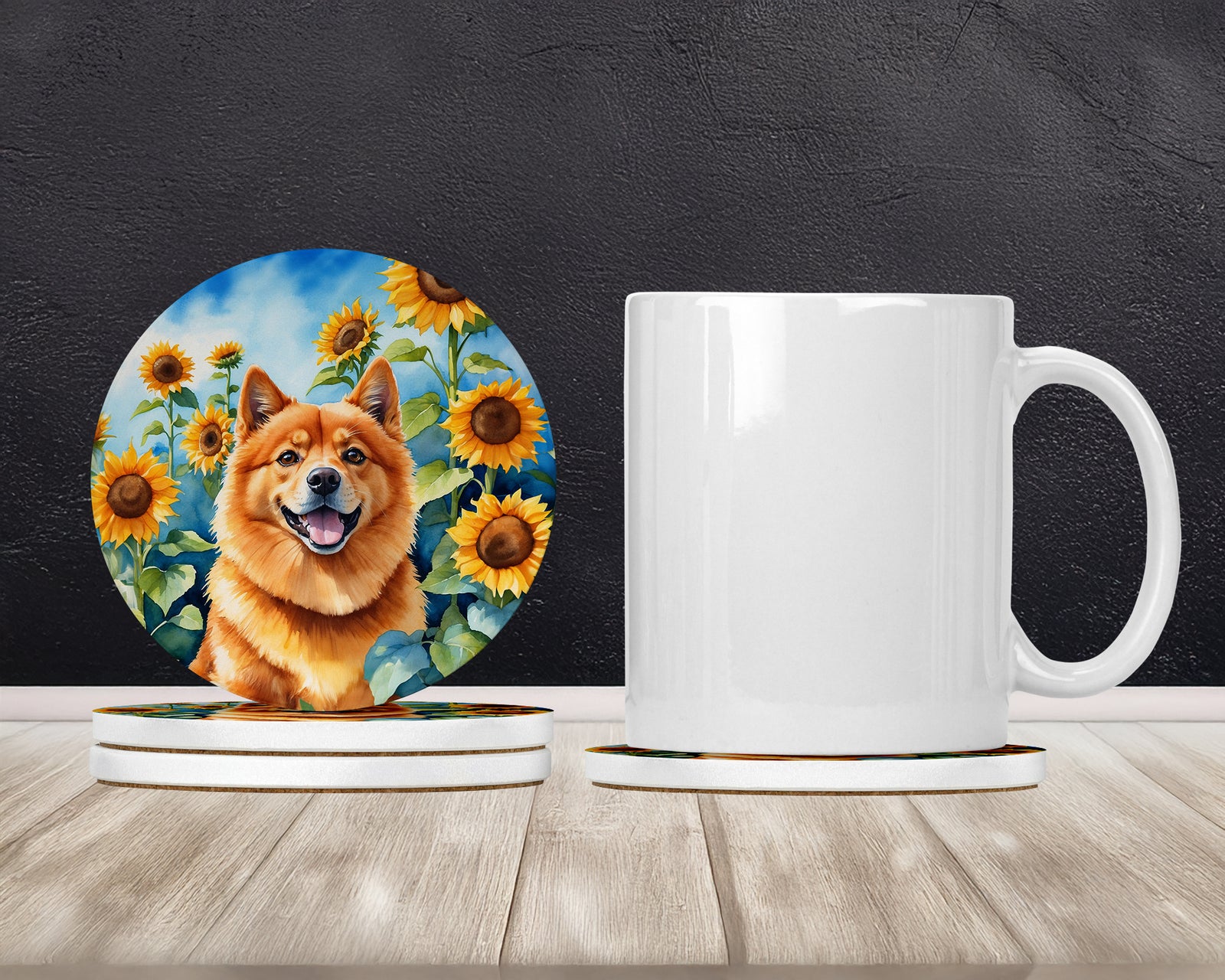 Caroline's Treasures Finnish Spitz in Sunflowers Large Sandstone Coasters Pack of 4