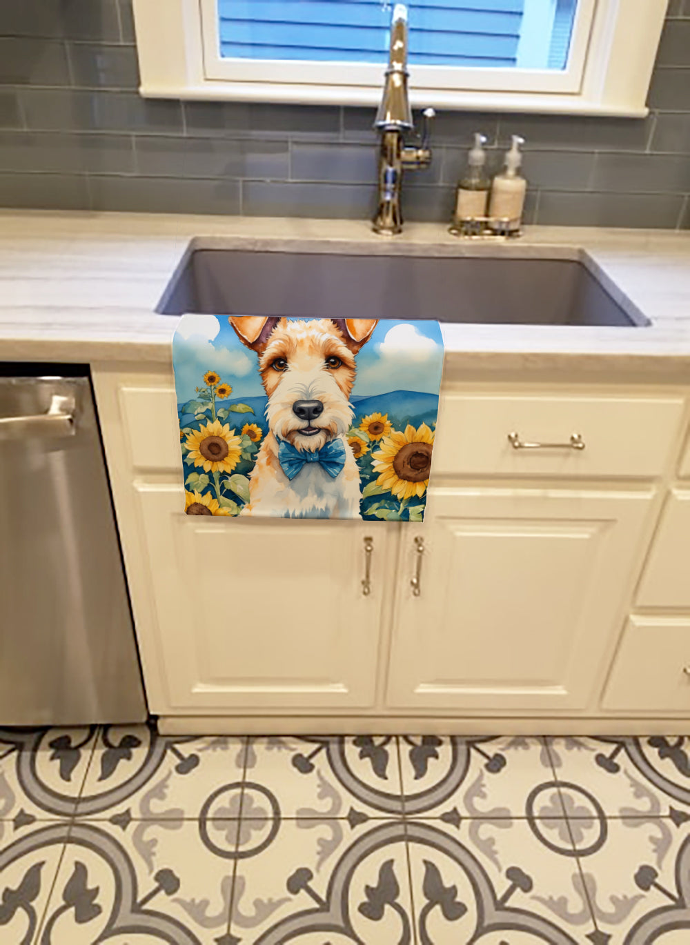 Fox Terrier in Sunflowers Kitchen Towel