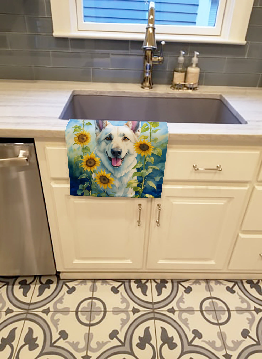 White German Shepherd in Sunflowers Kitchen Towel