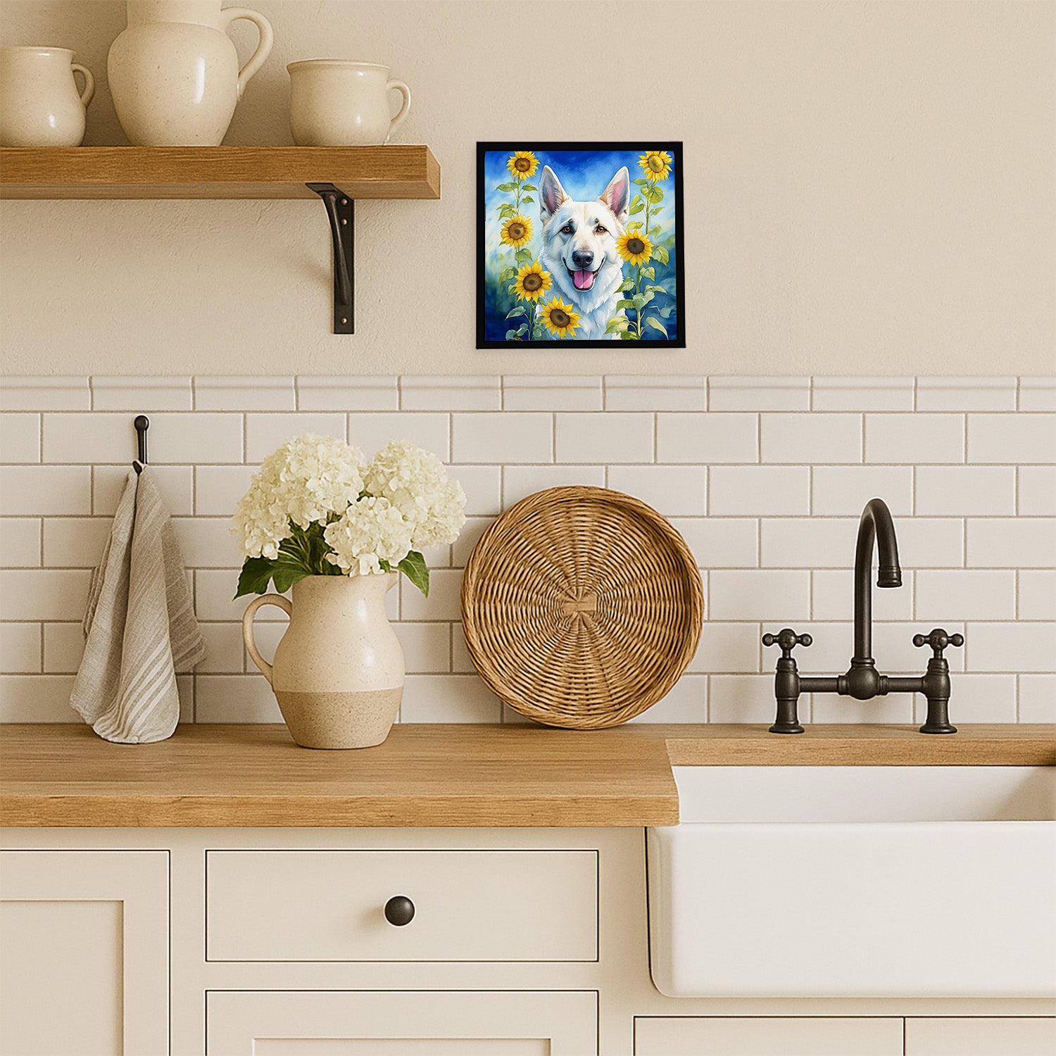 Caroline's Treasures White German Shepherd in Sunflowers Framed Metal Print