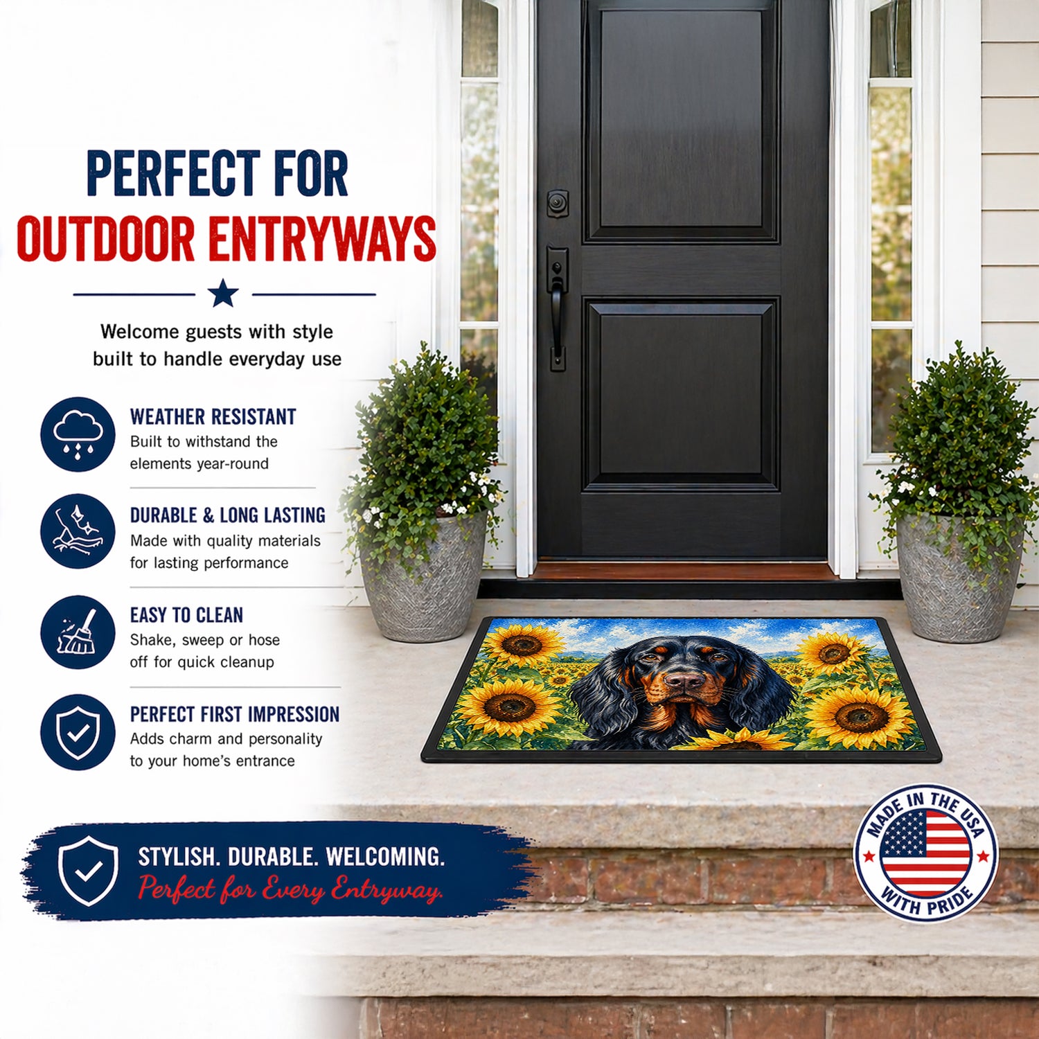 Caroline's Treasures Gordon Setter in Sunflowers Doormat Front Door Mat Indoor Outdoor Rugs for Entryway, Non Slip Washable Low Pile, 18H X 27W