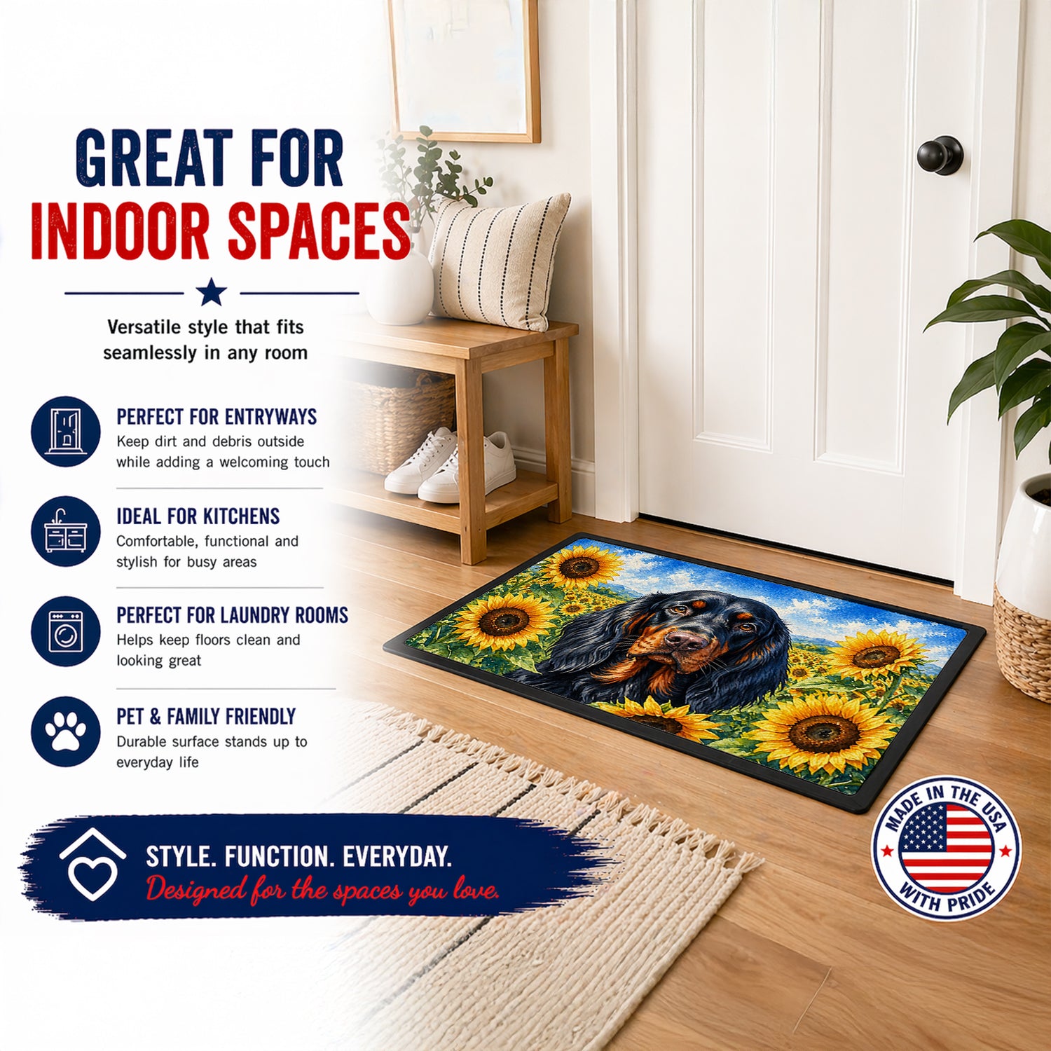Caroline's Treasures Gordon Setter in Sunflowers Doormat Front Door Mat Indoor Outdoor Rugs for Entryway, Non Slip Washable Low Pile, 18H X 27W