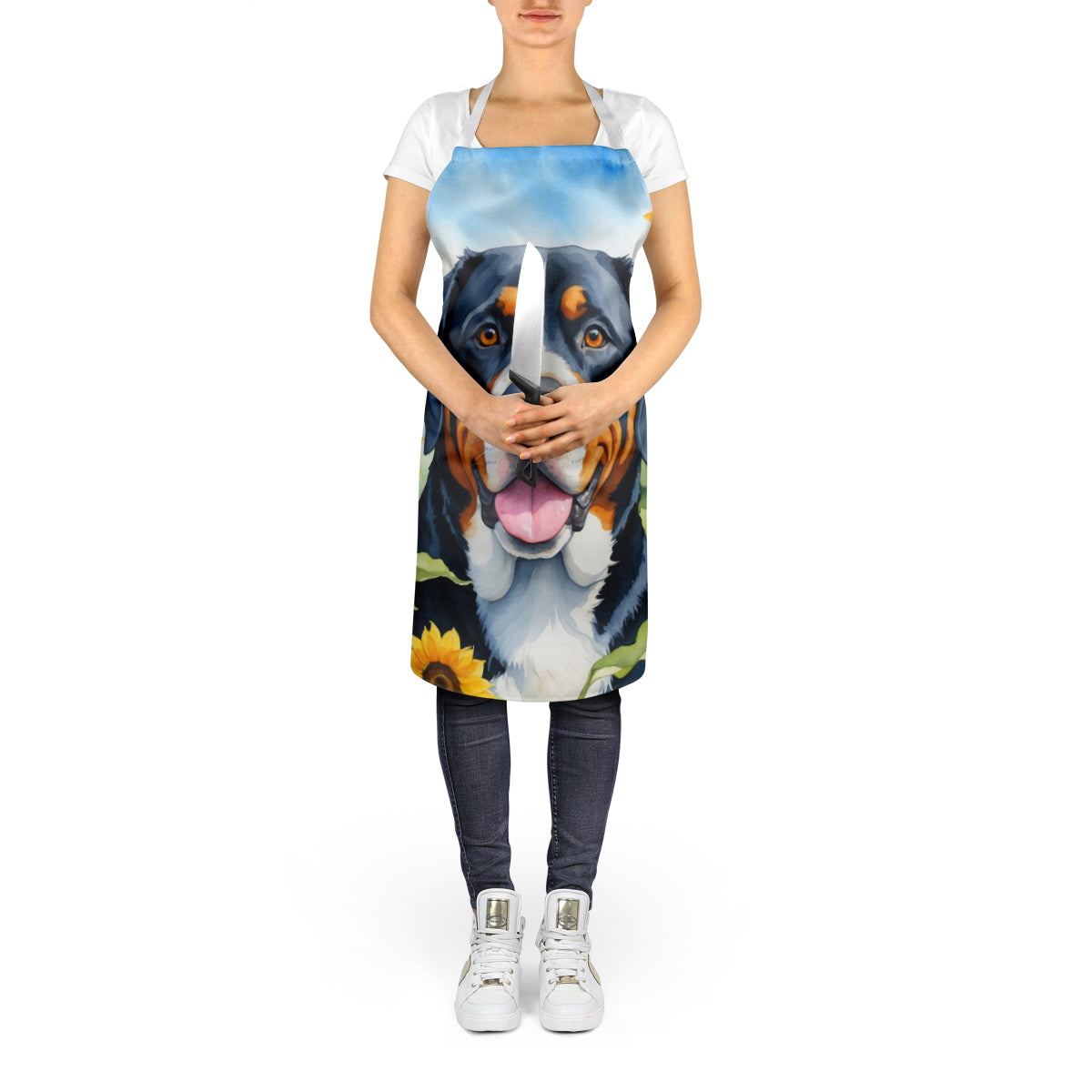 Greater Swiss Mountain Dog in Sunflowers Apron