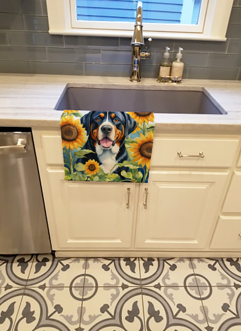 Greater Swiss Mountain Dog in Sunflowers Kitchen Towel