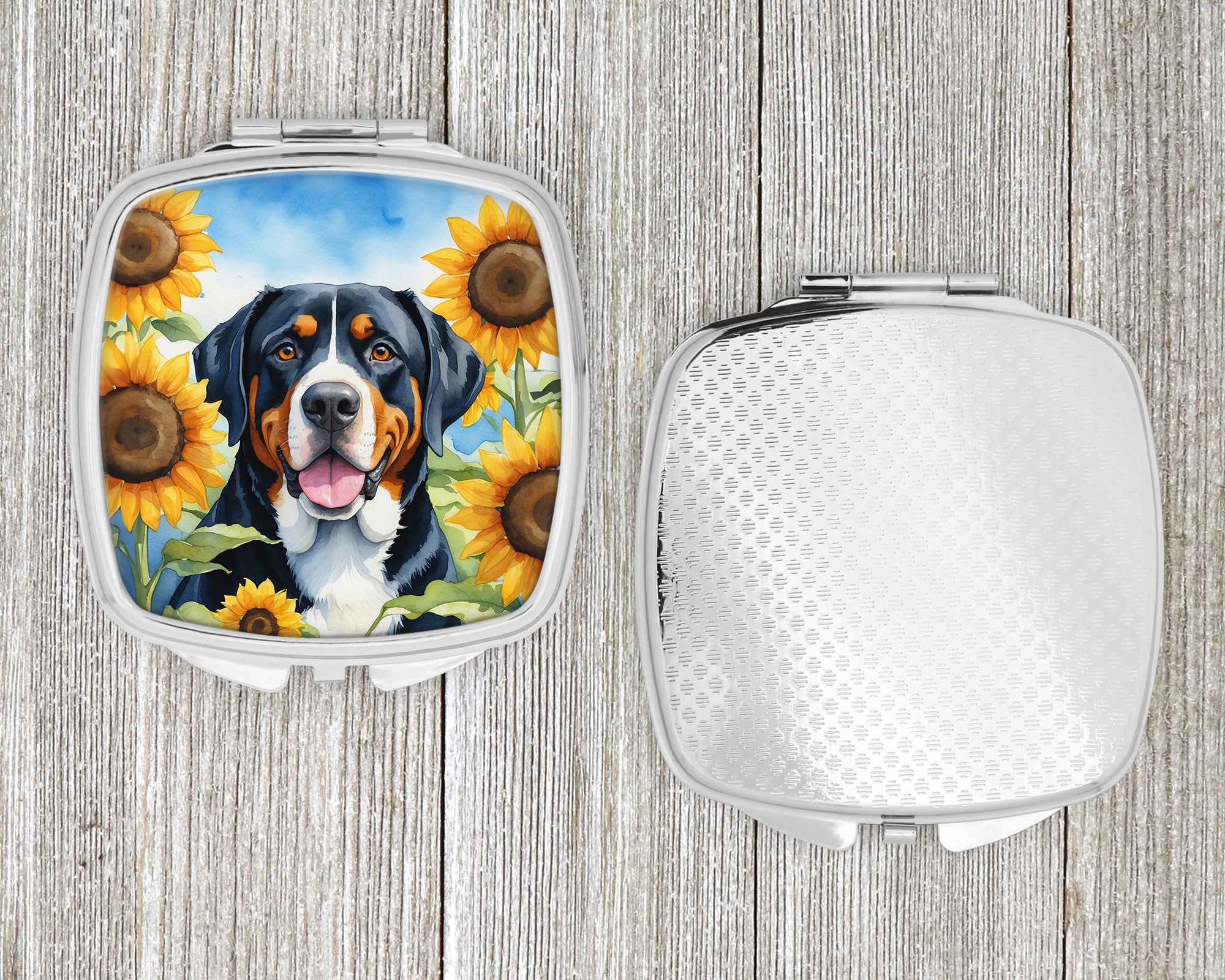 Greater Swiss Mountain Dog in Sunflowers Compact Mirror