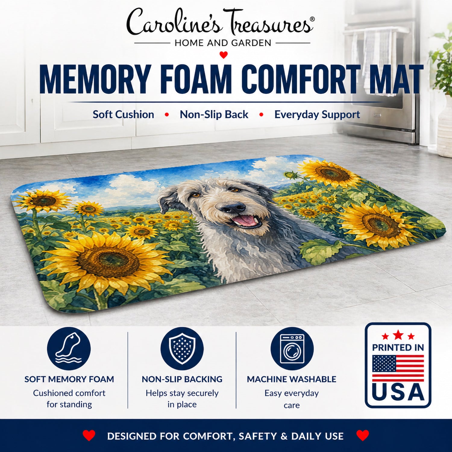 Caroline's Treasures Irish Wolfhound in Sunflowers Memory Foam Kitchen Mat Machine Washable Anti-Fatigue Cushion Comfort Bath or Kitchen Rug