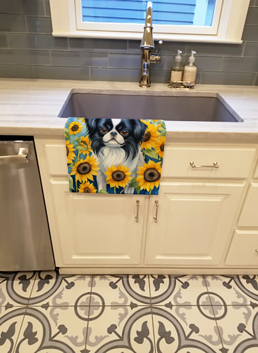Japanese Chin in Sunflowers Kitchen Towel
