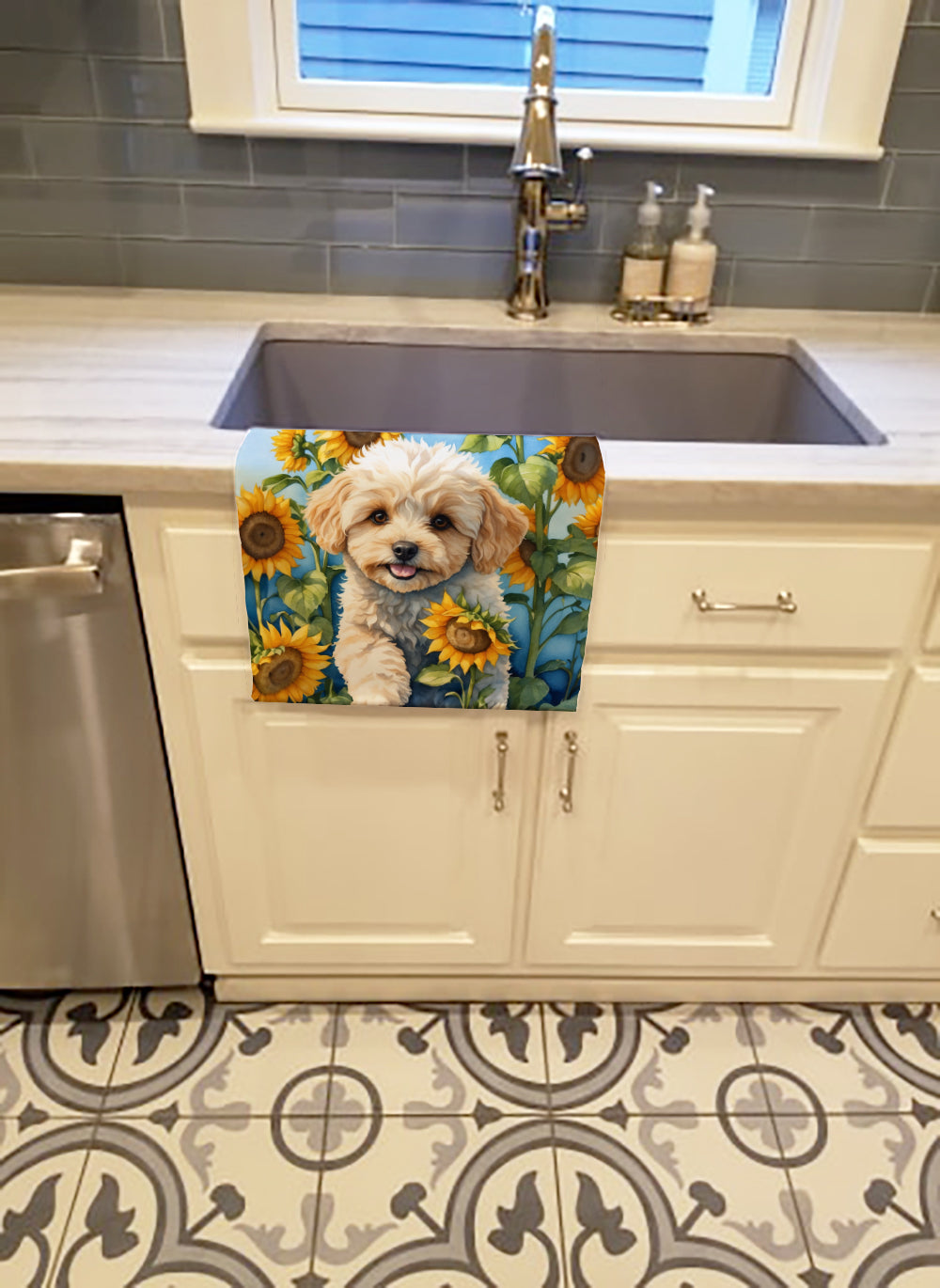 Maltipoo in Sunflowers Kitchen Towel