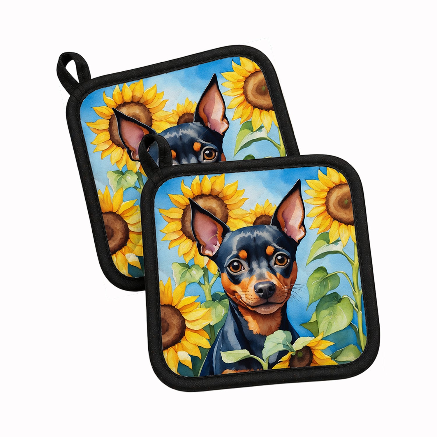 Caroline's Treasures Miniature Pinscher in Sunflowers Pot Holder Set of 2 Heat Resistant Quilted Hot Pads 7.5 x 7.5 Inch, Insulated Kitchen Trivets for Cooking & Baking
