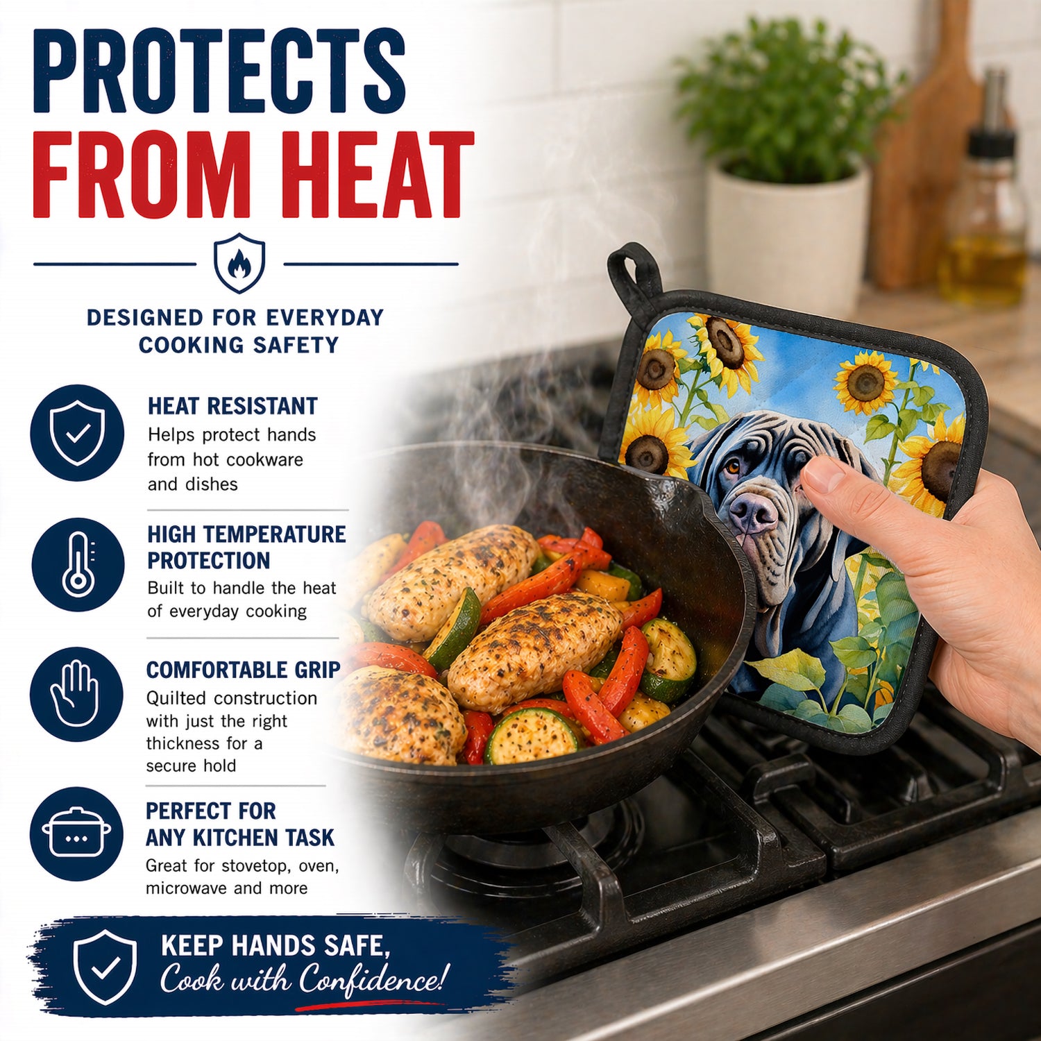 Caroline's Treasures Neapolitan Mastiff in Sunflowers Pot Holder Set of 2 Heat Resistant Quilted Hot Pads 7.5 x 7.5 Inch, Insulated Kitchen Trivets for Cooking & Baking