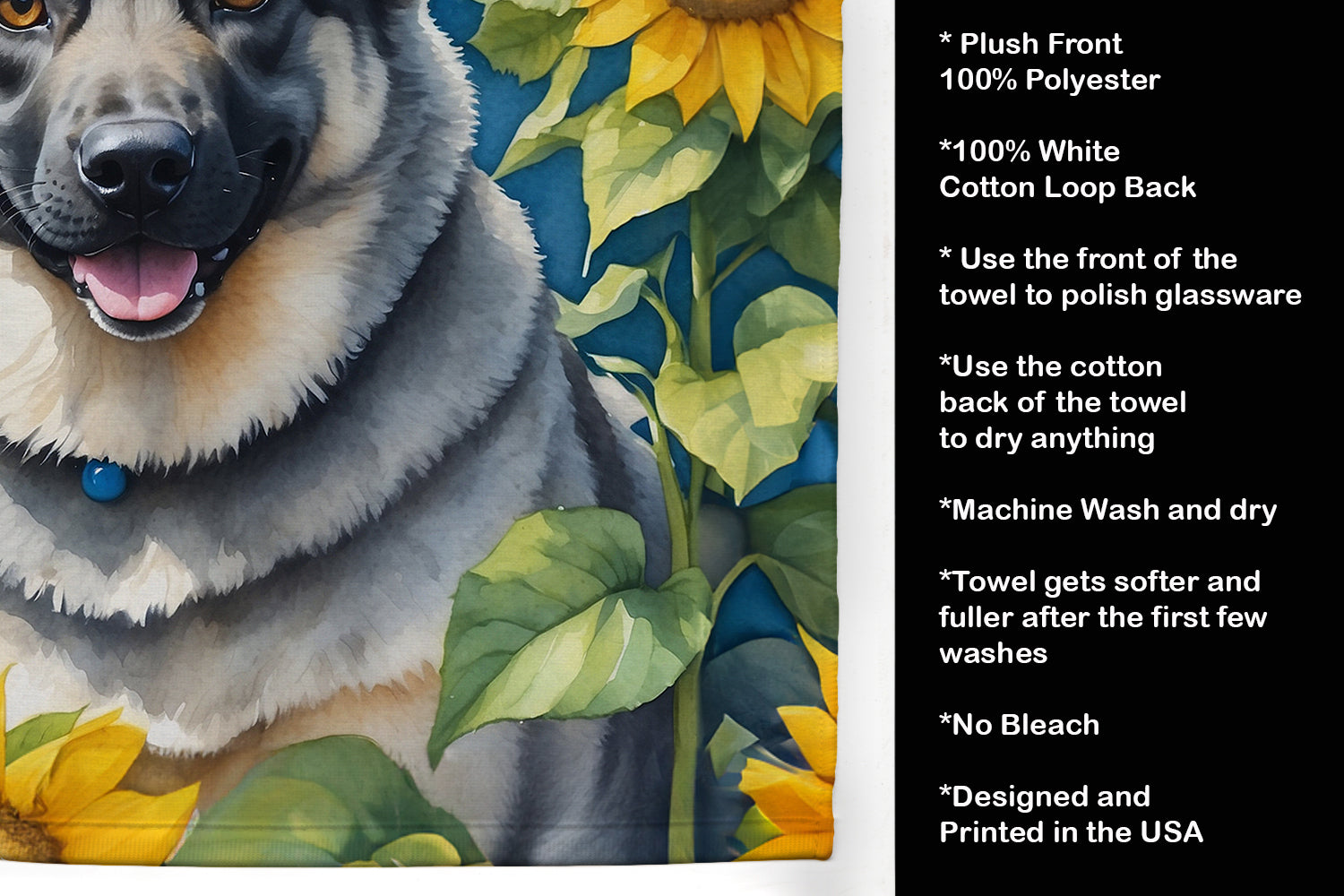 Norwegian Elkhound in Sunflowers Kitchen Towel