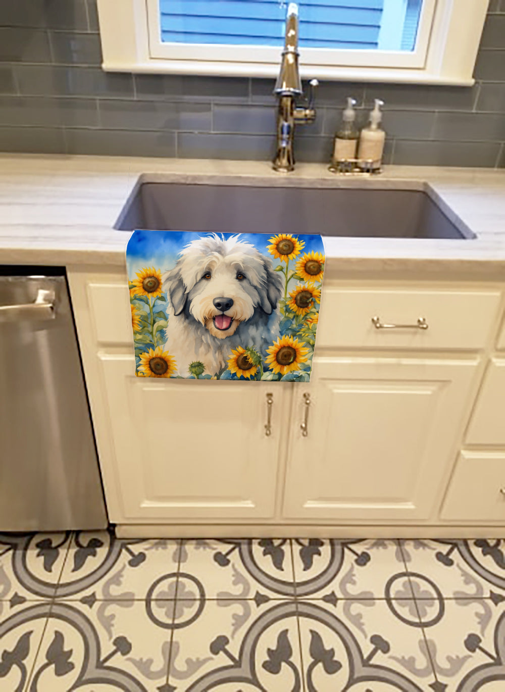 Old English Sheepdog in Sunflowers Kitchen Towel