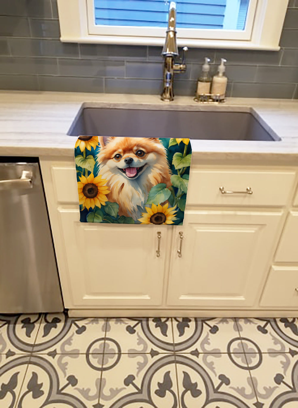 Pomeranian in Sunflowers Kitchen Towel