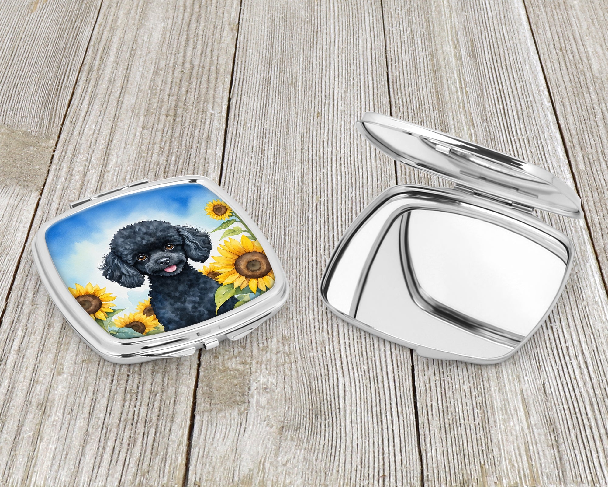 Black Poodle in Sunflowers Compact Mirror