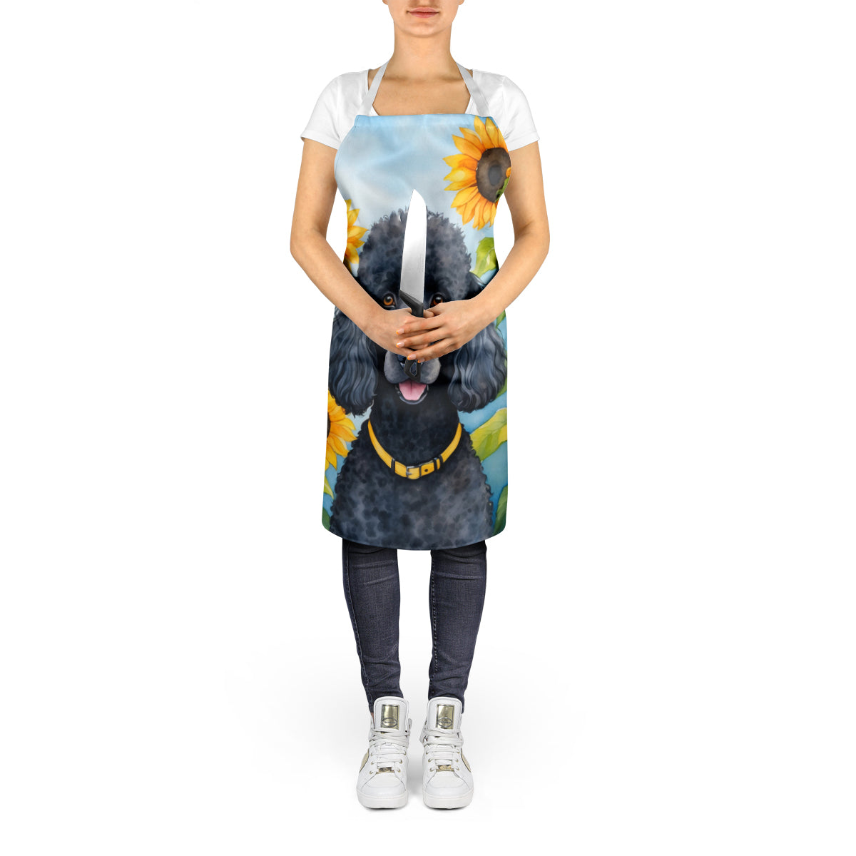 Black Poodle in Sunflowers Apron