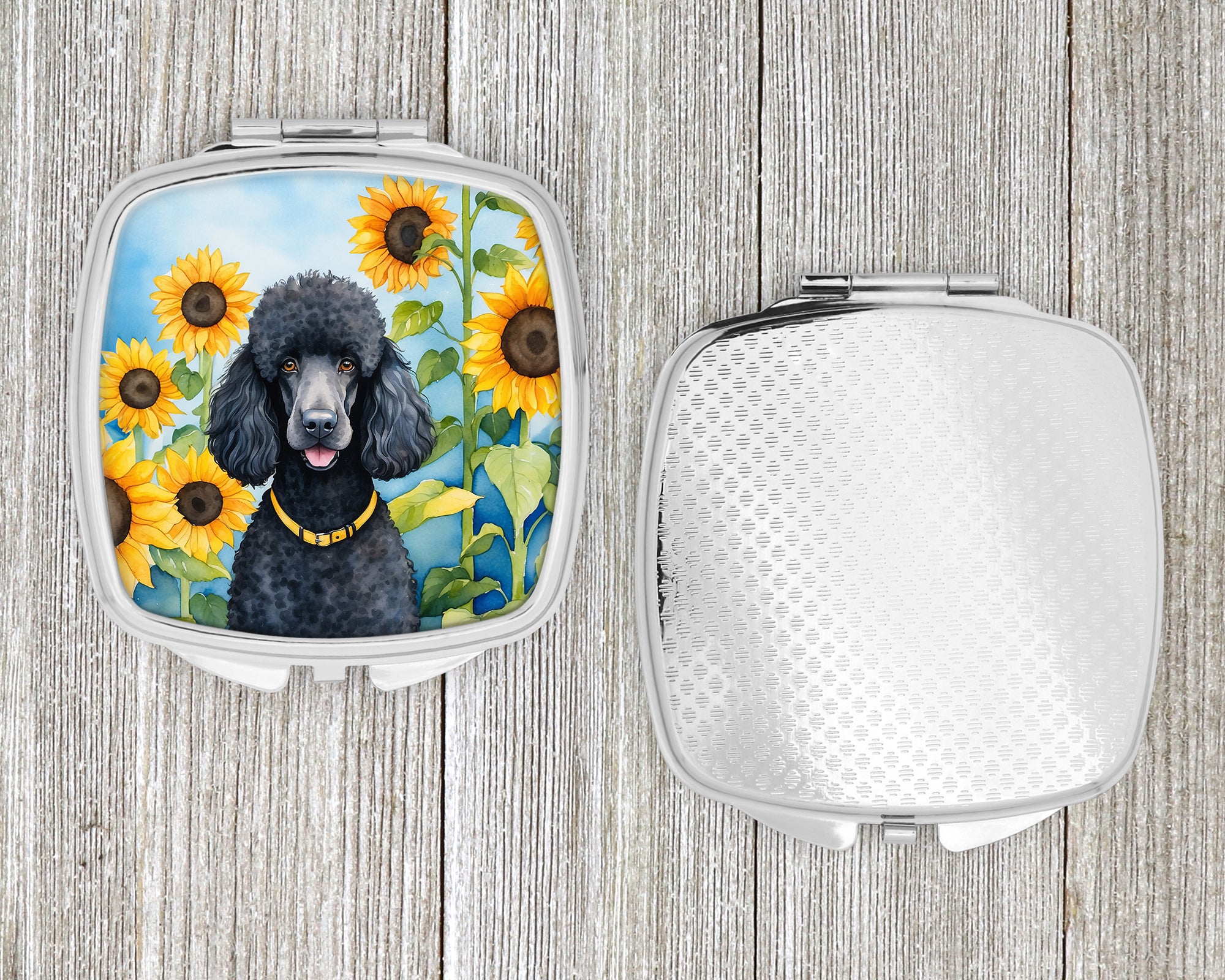 Black Poodle in Sunflowers Compact Mirror