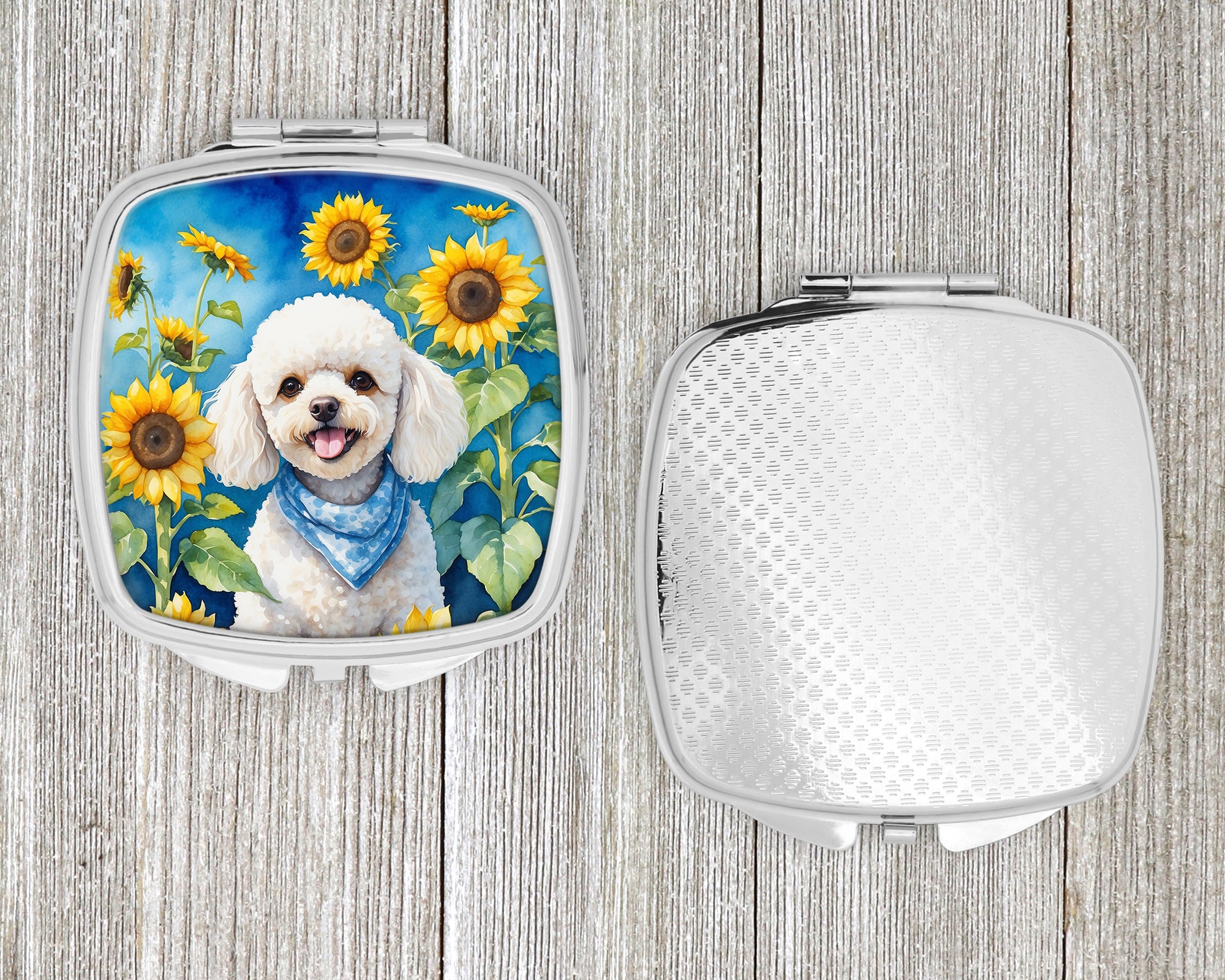 White Poodle in Sunflowers Compact Mirror