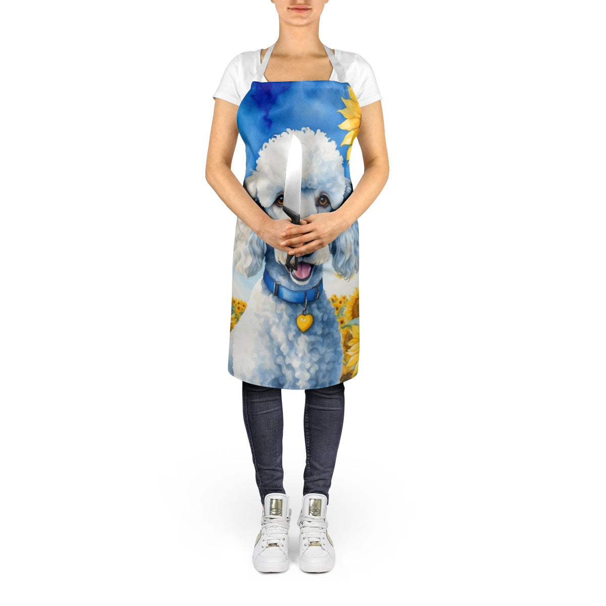 White Poodle in Sunflowers Apron