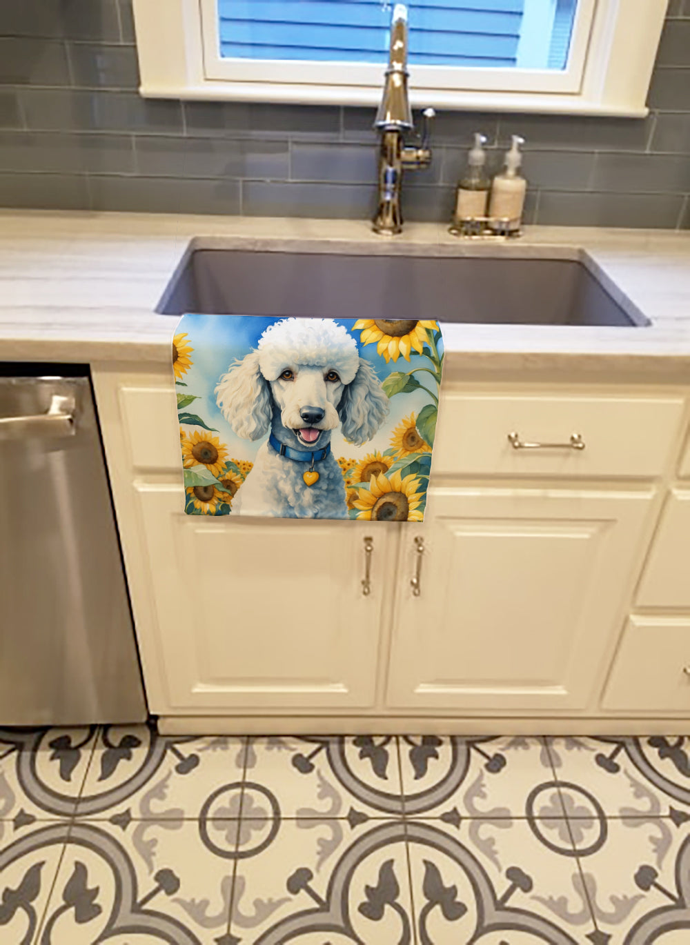 White Poodle in Sunflowers Kitchen Towel