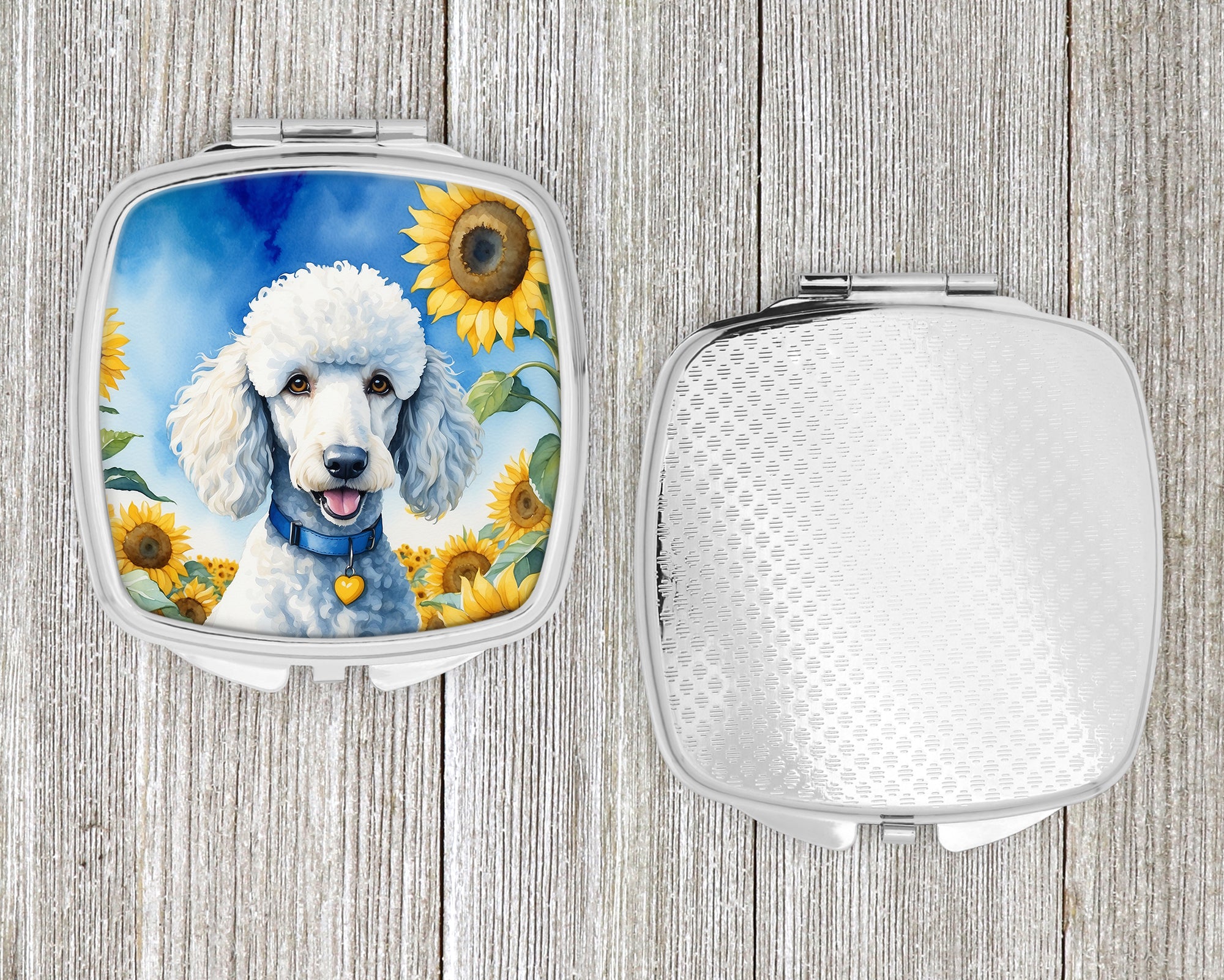 White Poodle in Sunflowers Compact Mirror