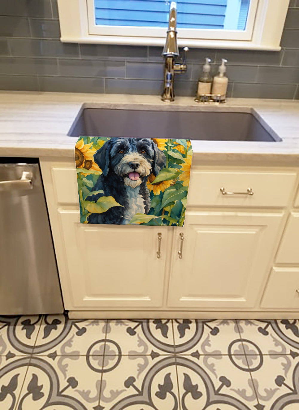 Portuguese Water Dog in Sunflowers Kitchen Towel