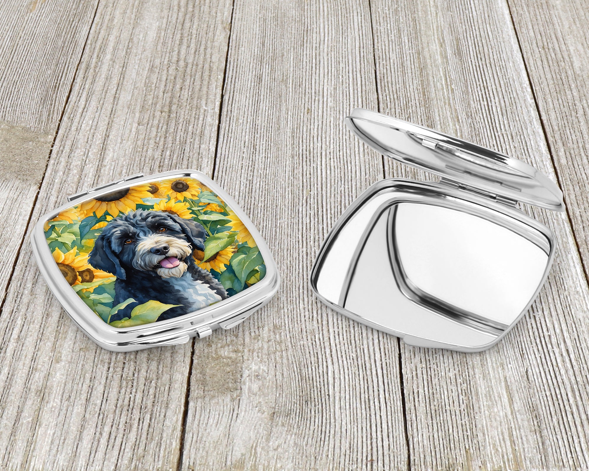 Portuguese Water Dog in Sunflowers Compact Mirror