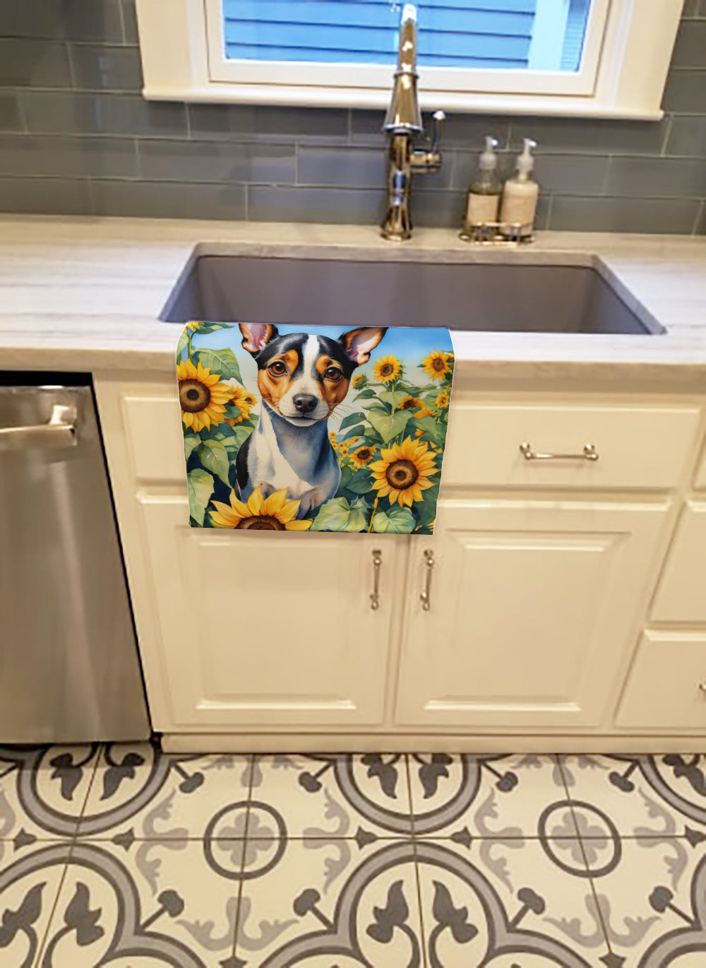 Buy this Rat Terrier in Sunflowers Kitchen Towel