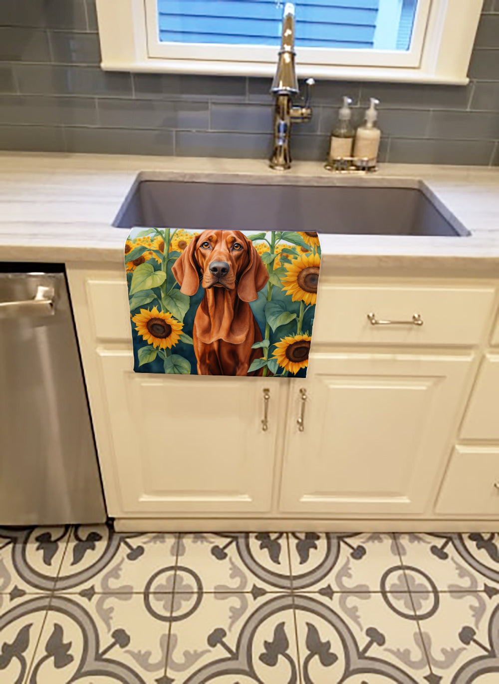 Redbone Coonhound in Sunflowers Kitchen Towel