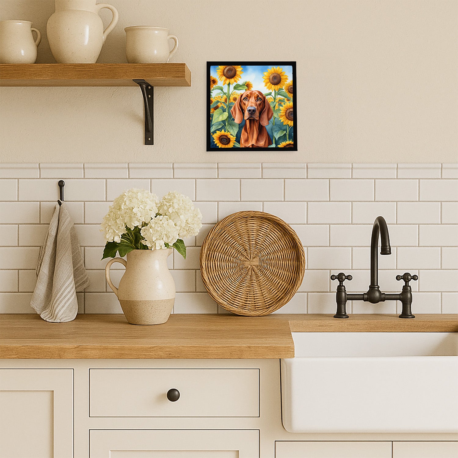 Caroline's Treasures Redbone Coonhound in Sunflowers Framed Metal Print